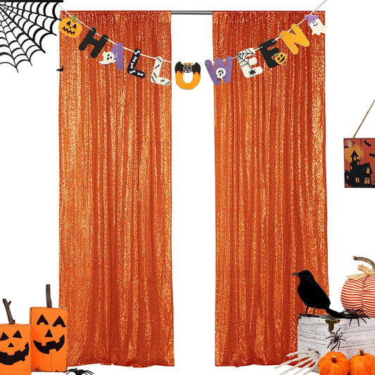 Hahuho Orange Sequin Backdrop Curtain, 2PCS 2FTx8FT Glitter Backdrop Curtain for Parties, Christmas, Wedding, Party Decoration（2 Panels, 2FT x 8FT, Orange