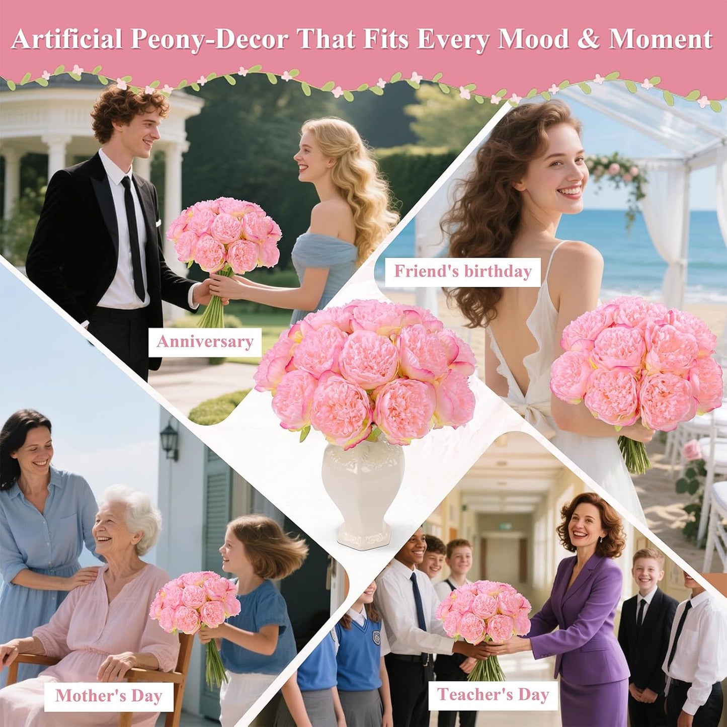 U'Artlines 2 Bouquet 10 Heads Artificial Peony Silk Flower Leaf Home Office Wedding Party Festival Bar Decor (Pink)