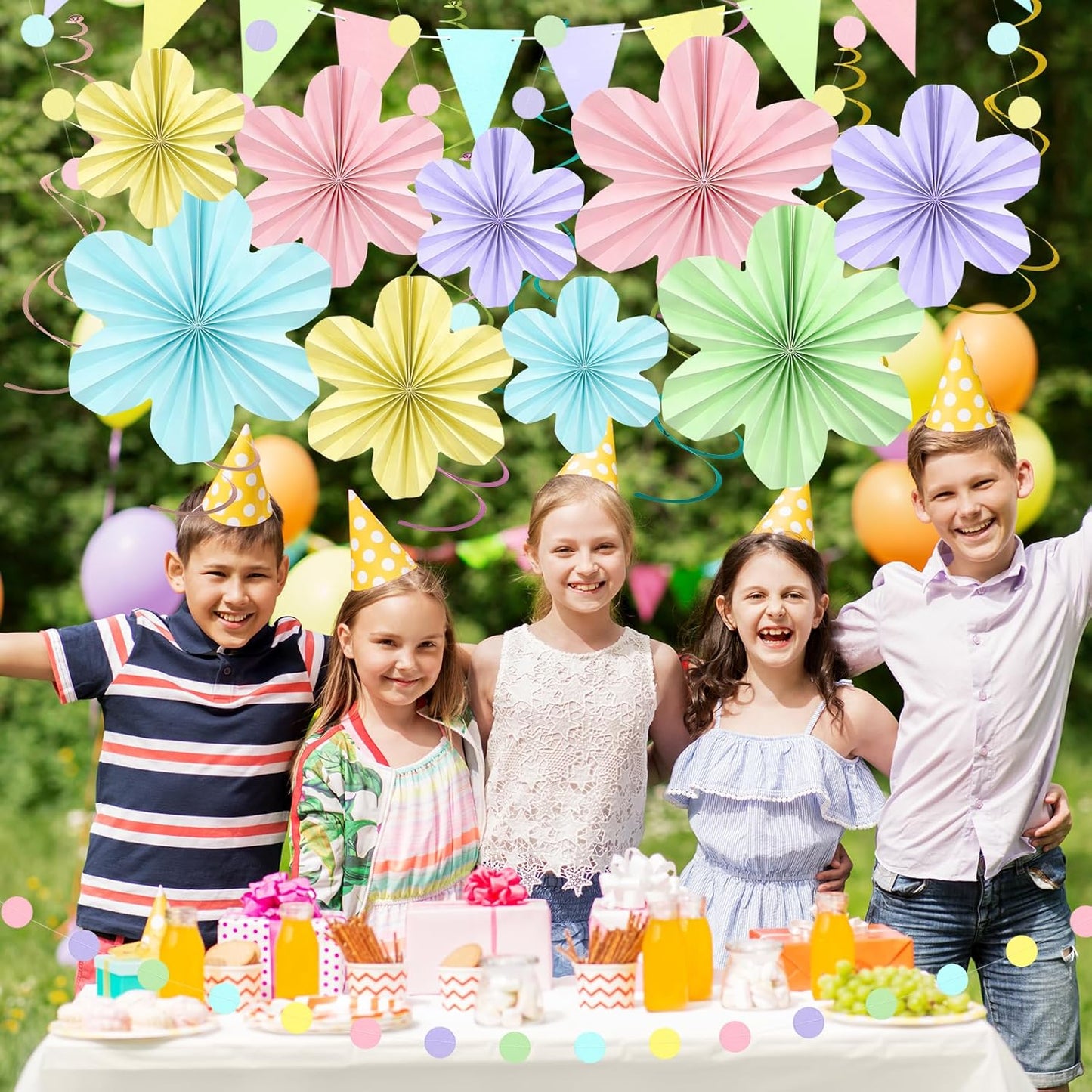 Pastel Rainbow Party Decorations, Pastel Birthday Decorations with Colorful Hanging Paper Flowers,Tassel Garland and Swirls for Boys Girls, Baby Showers Wedding Party Supplies