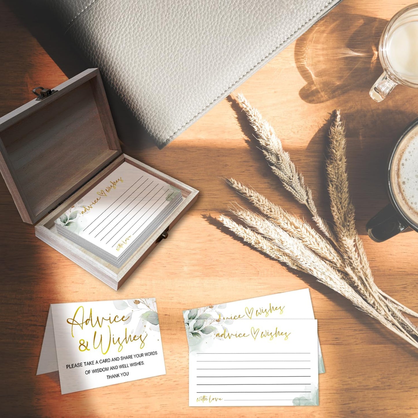 Watercolor Advice and Wishes Cards with Box - 50 Pcs Eucalyptus Advice Cards for Wedding, Bridal Shower, Baby Shower, Well Wishes Box for Graduation, Christmas, Birthday Party Decorations -A05