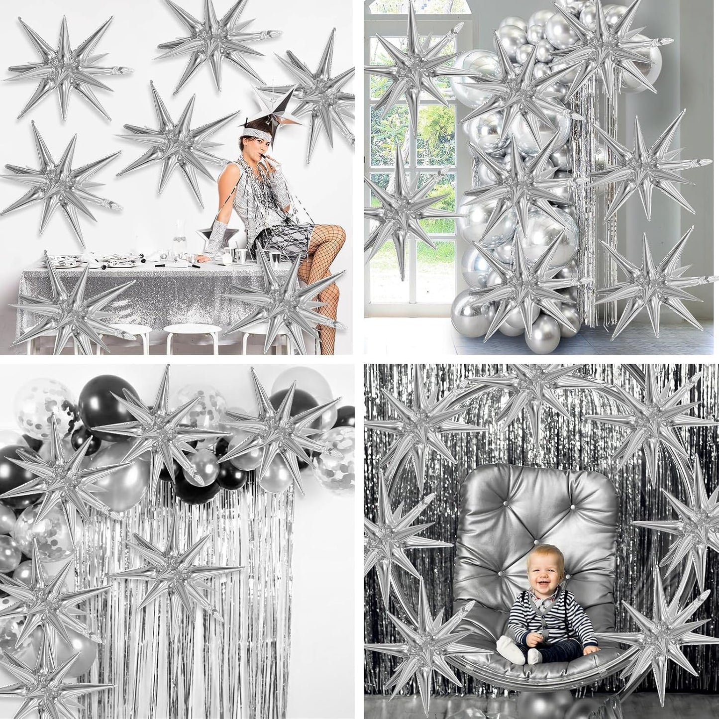 Silver Star Balloons,9Pcs 22Inch Silver Explosion Spike Cone Helium Polyester Film Star Foil Balloons for Birthday Anniversary Baby Shower Wedding New Year Disco Party Decorations