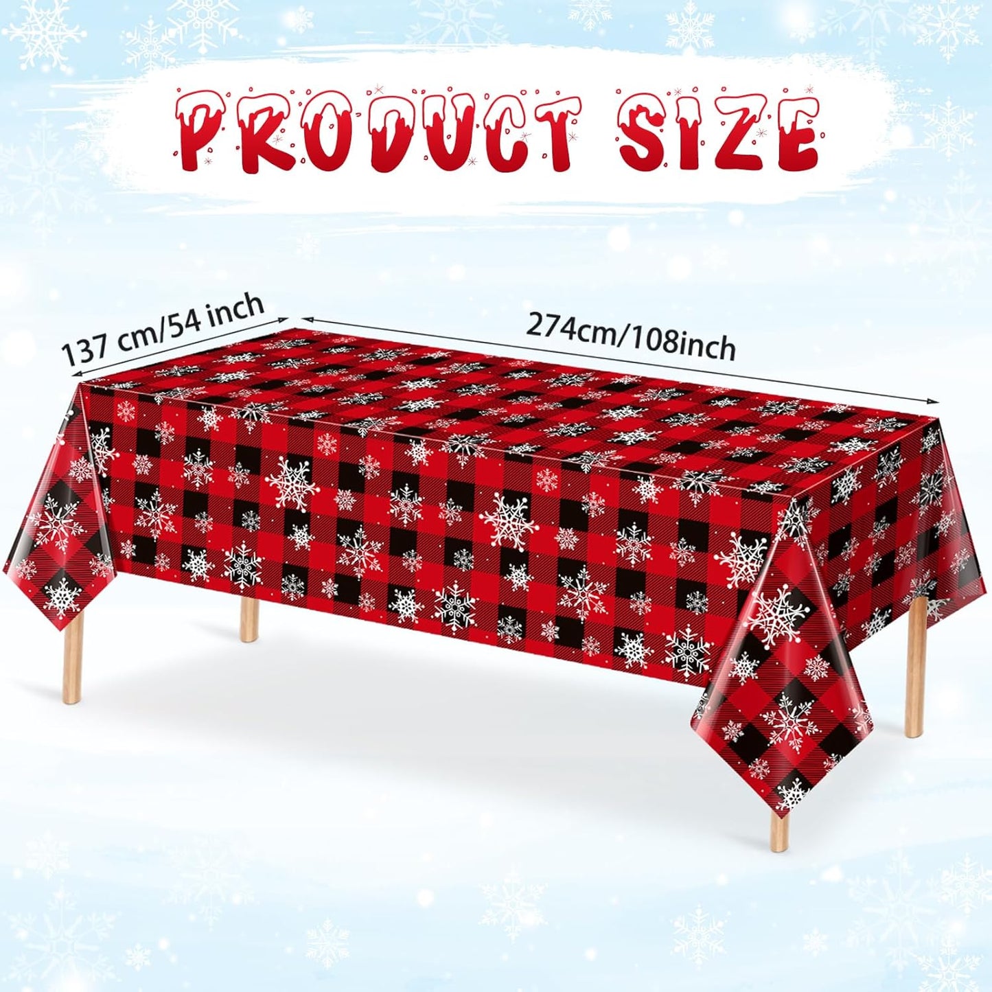 12 Pieces Red and Black Buffalo Plaid Merry Christmas Party Tablecloth Decorations,Plastic White Snowflake Buffalo Plaid Sign Table Cover for Winter Christmas Holiday Party Supplies,54x108 inch