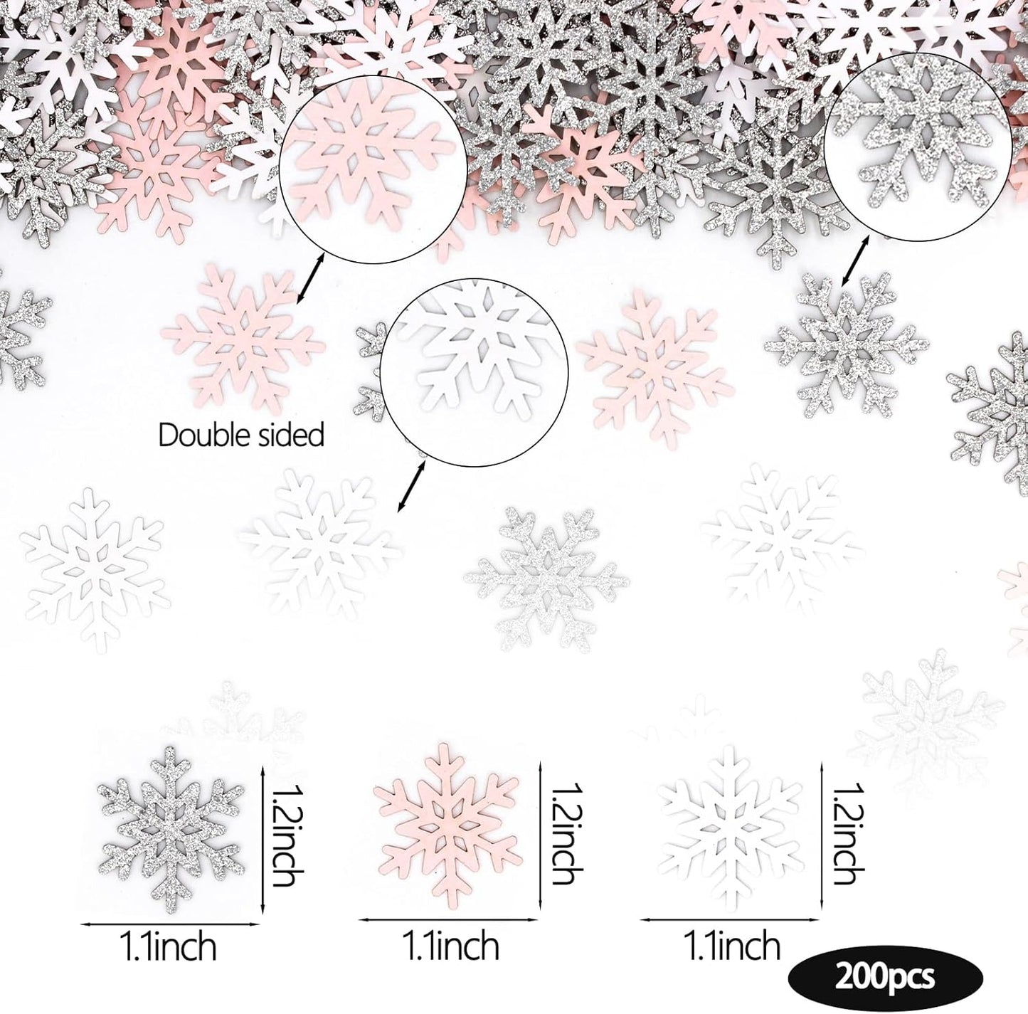 200PC White Pink Silver Snowflake Confetti for Winter Wonderland Decorations Small Snowflakes Table Scatter for Winter Onederland Christmas Birthday Baby Shower Party Table Decor Supplies