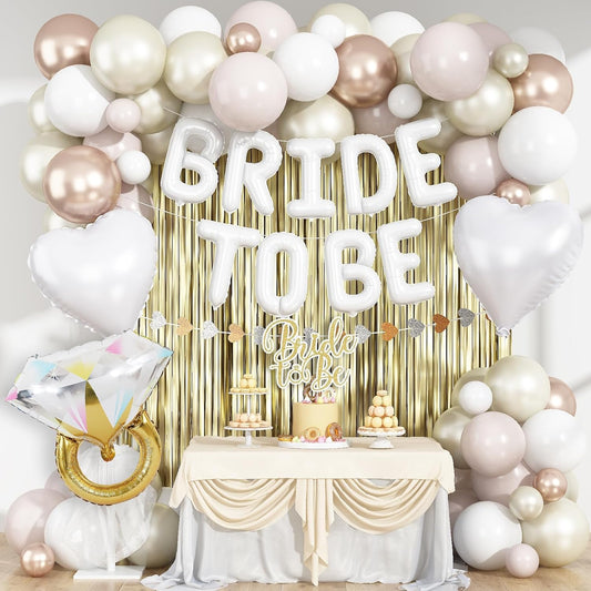 White Gold Bachelorette Party Decorations, Bride To Be Mylar Foil Letter Balloons with White Champagne Balloons and Light Gold Fringe Curtains for Bridal Shower Decoration Engagement Hen Party Decor