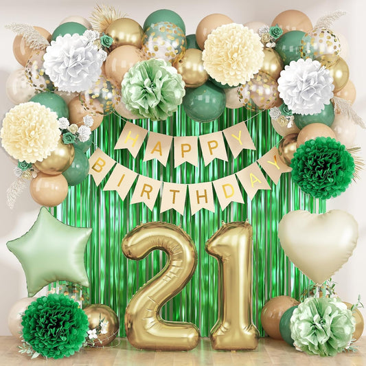 Sage Green 21st Birthday Decorations for Him Gold Number 21 Balloon Nude Gold Happy Birthday Banner Fringe Curtain Paper Pom Poms Olive Green Cream White Sand Star Foil Balloons Party Decor