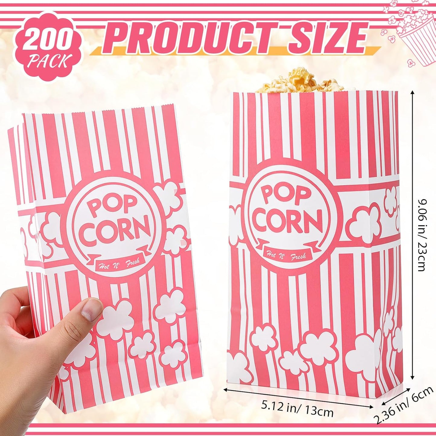 200 Pcs Paper Popcorn Bags Bulk 2 oz Large Flat Bottom Boxes Red and White Disposable Container Sleeve Movie Night Popcorn Bucket for Retro Movie Themed Party Carnival Supplies (Pink and White)