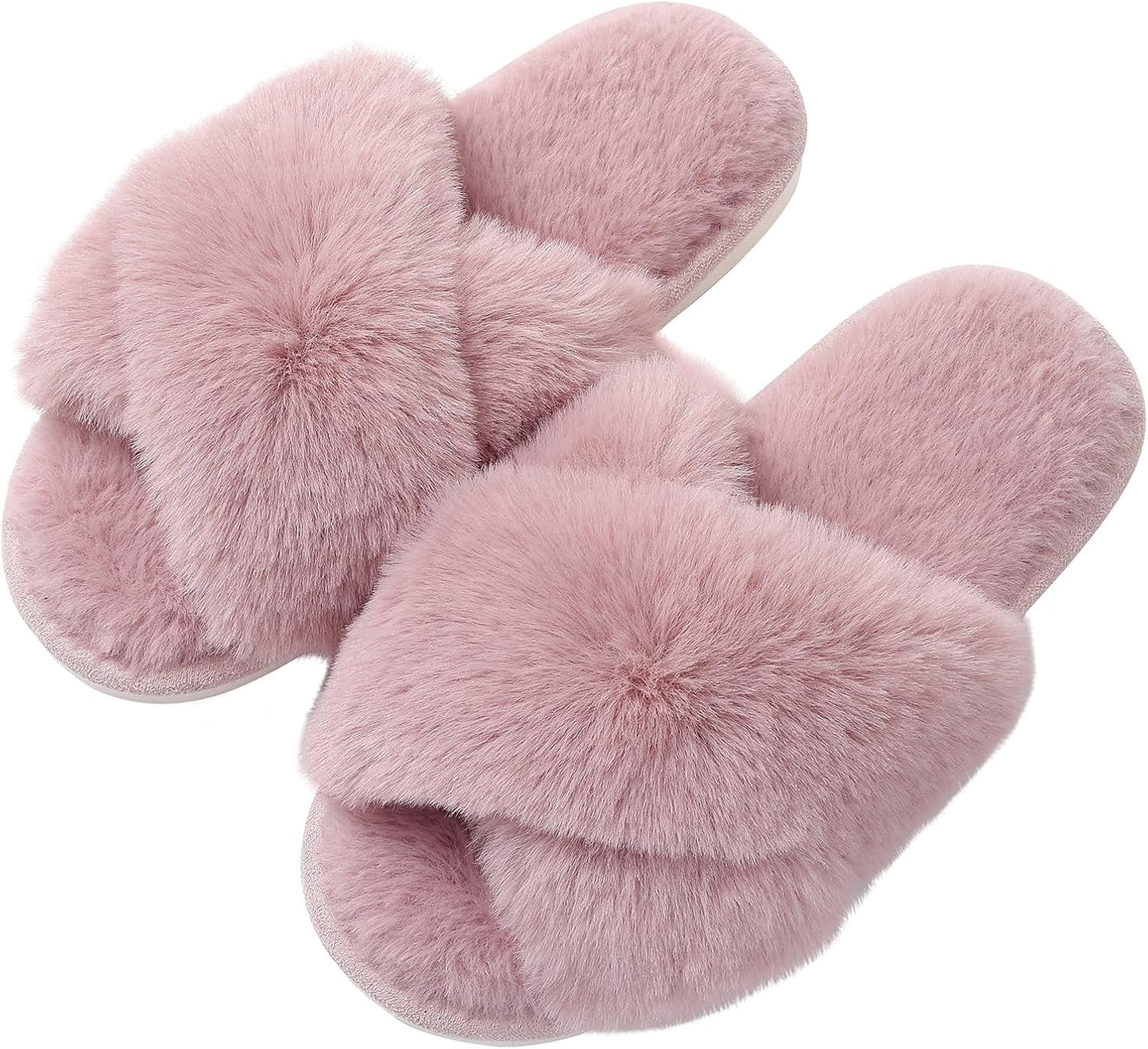 Evshine Women's Fuzzy Slippers Cross Band Memory Foam House Slippers Open Toe