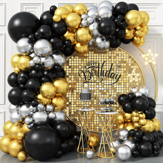 Black Gold Balloon Arch Kit 99Pcs Black Gold Silver Balloons Garland Kit Metallic Black and Gold Birthday Party Balloons for Boys Men Graduation Retirement Wedding Anniversary Bachelorette Decorations