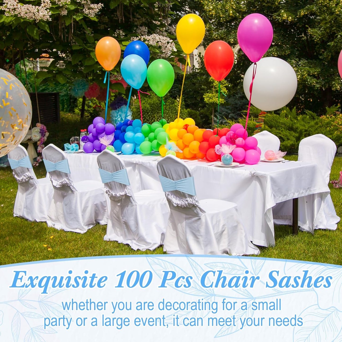 Moukeren 100 Pcs Spandex Chair Sashes Bows Bands Slider Sashes for Chair Covers Elastic Bands Ties Ribbon Decorations for Wedding Party Events Ceremony Birthday Banquet(Sky Blue)