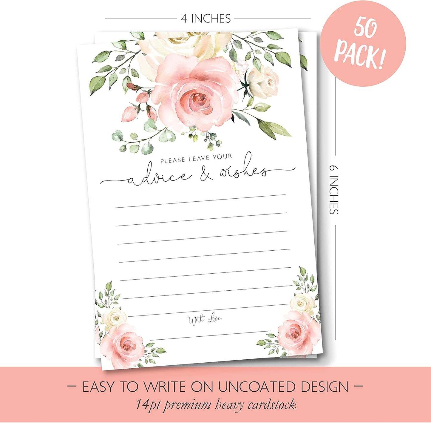 Your Main Event Prints Blush Floral Advice and Wishes Cards for the Bride and Groom - Perfect for Bridal Showers, Baby Showers, Graduations, and Weddings - Pack of 50 4x6 Cards