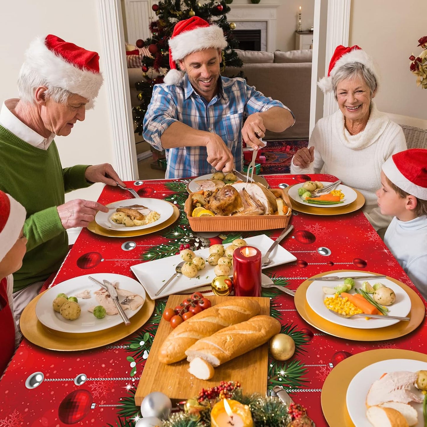 1Pieces Merry Christmas Tablecloth Plastic Christmas Tree Ball Table Cover Rectangle Winter Snowflake Tablecloth for Merry Christmas Holiday New Year Eve Party Decorations Supplies,54x108inch