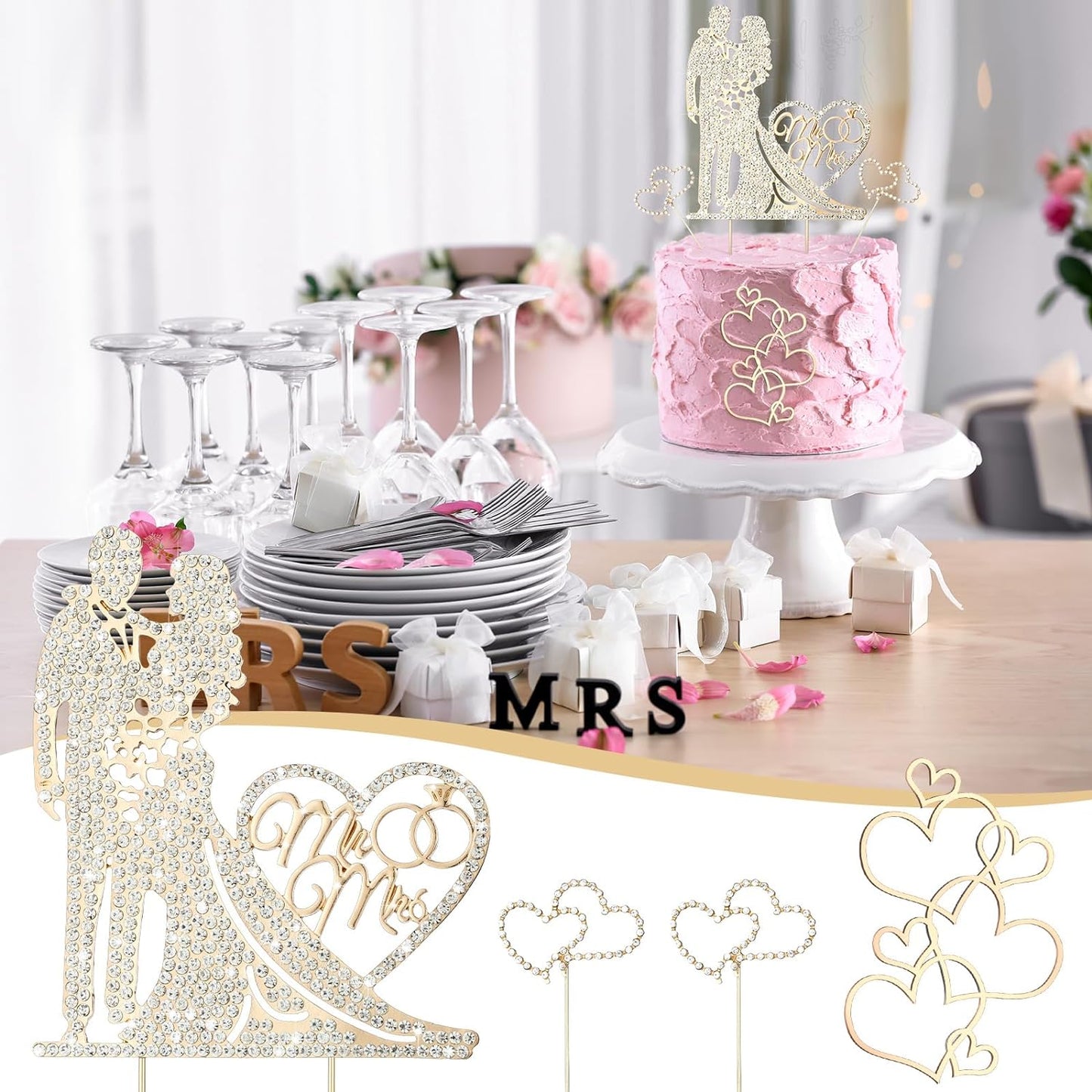 Spiareal 4 Pcs Wedding Cake Topper Mr and Mrs Rhinestone Bride and Groom Love Cake Topper Metal Crystal Heart Shaped Happy Engagement Anniversary Funny Diamond Party Decor for Bridal Shower(Gold)