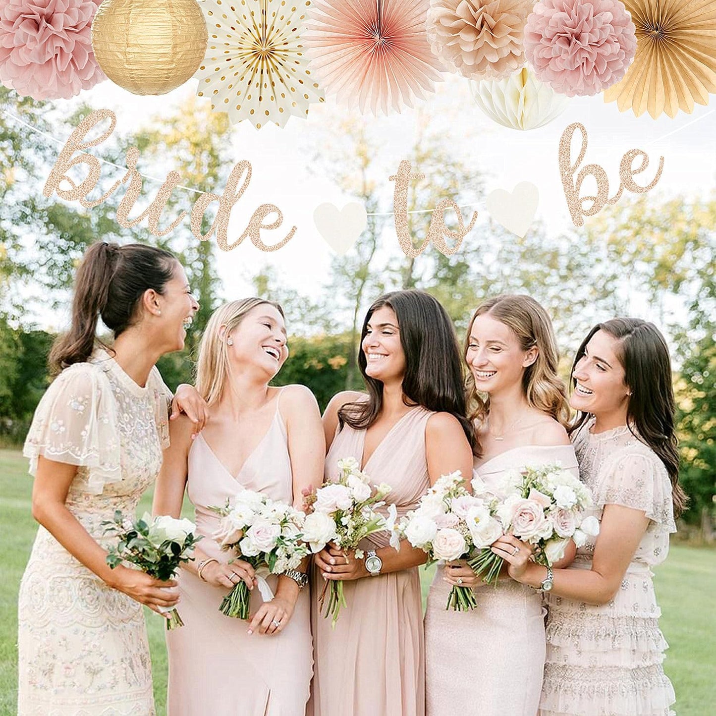 Champagne-Gold Beige Fall Boho Bachelorette Party-Decorations - 21pcs Women Bridal Shower Banner Garland,Bride To Be Paper Streamers Lanterns,Flower Tissue Pom Poms Fan Favors Wedding Decor Huglony