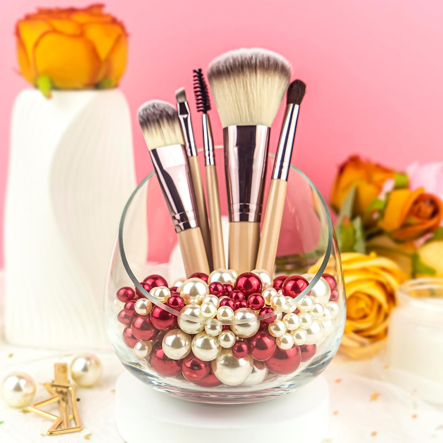 300Pcs Cream&Red Polished No Hole Faux Pearl Beads for Vase Filling Decorations, Plastic Pearls Vase Fillers, Table Scatters, Wedding Centerpiece, Home Decor, 8/14/20 mm