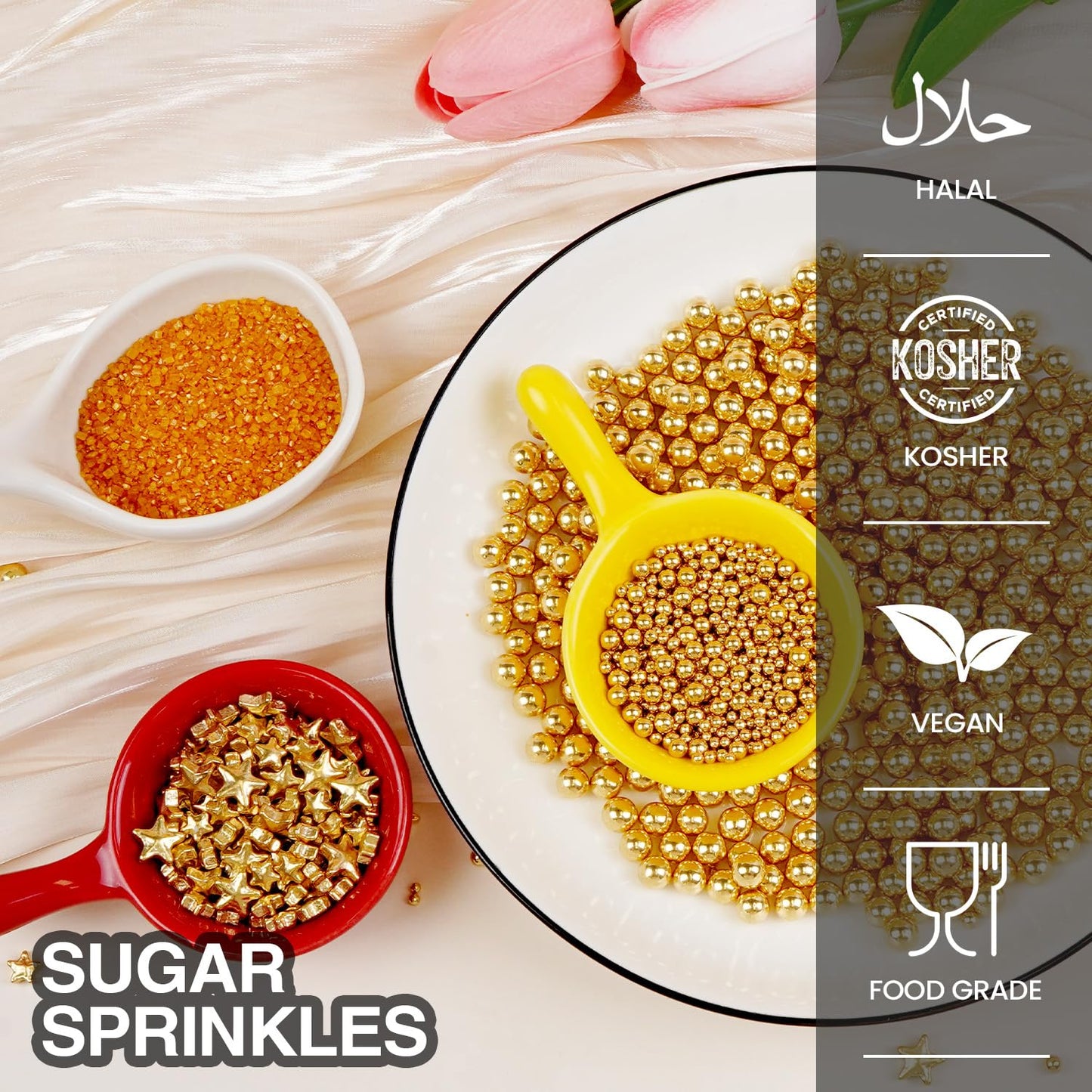 Edible Gold Pearl Sprinkles for Cake Decorating, Gold Sugar Sanding and Star Sprinkles for Cupcake, Cookie, Baking Cake Decorations, 160g/5.64oz, Holiday, Wedding Party, Christmas Supplies