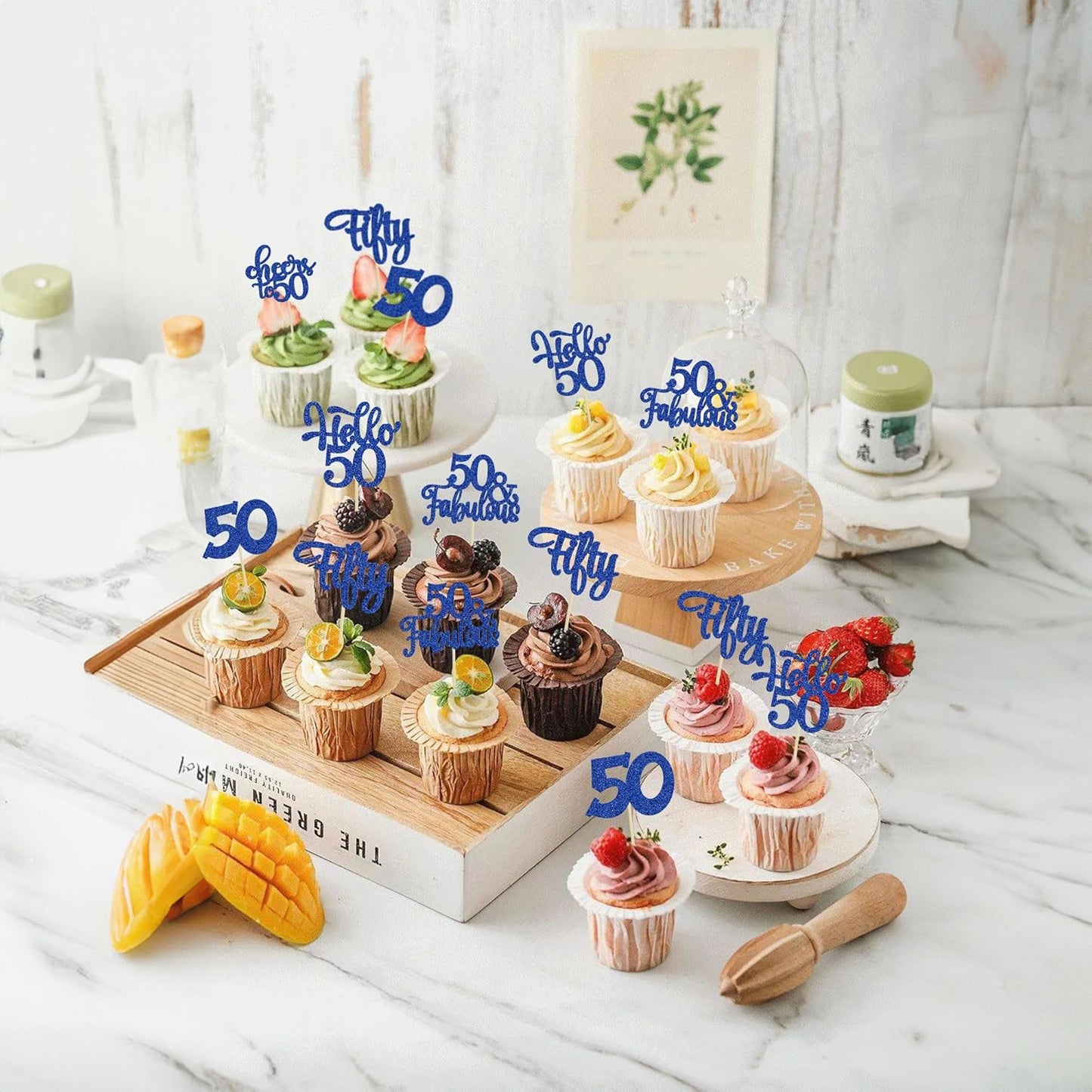 30Pcs Happy 50th Birthday Cupcake Toppers Deep Blue Glitter Fifty Cheers to 50 Years Old Birthday Cupcake Picks for 50th Birthday Anniversary Party Cake Decorations Supplies