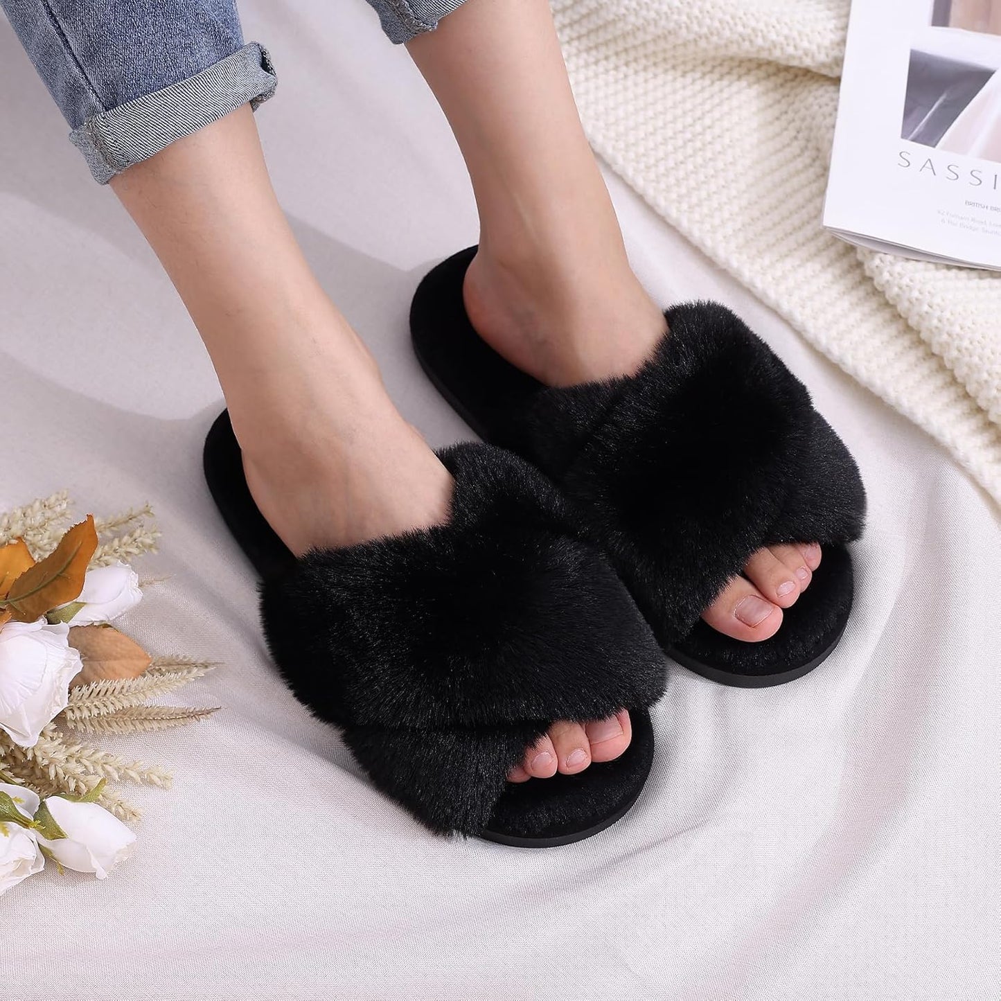 Evshine Women's Fuzzy Slippers Cross Band Memory Foam House Slippers Open Toe