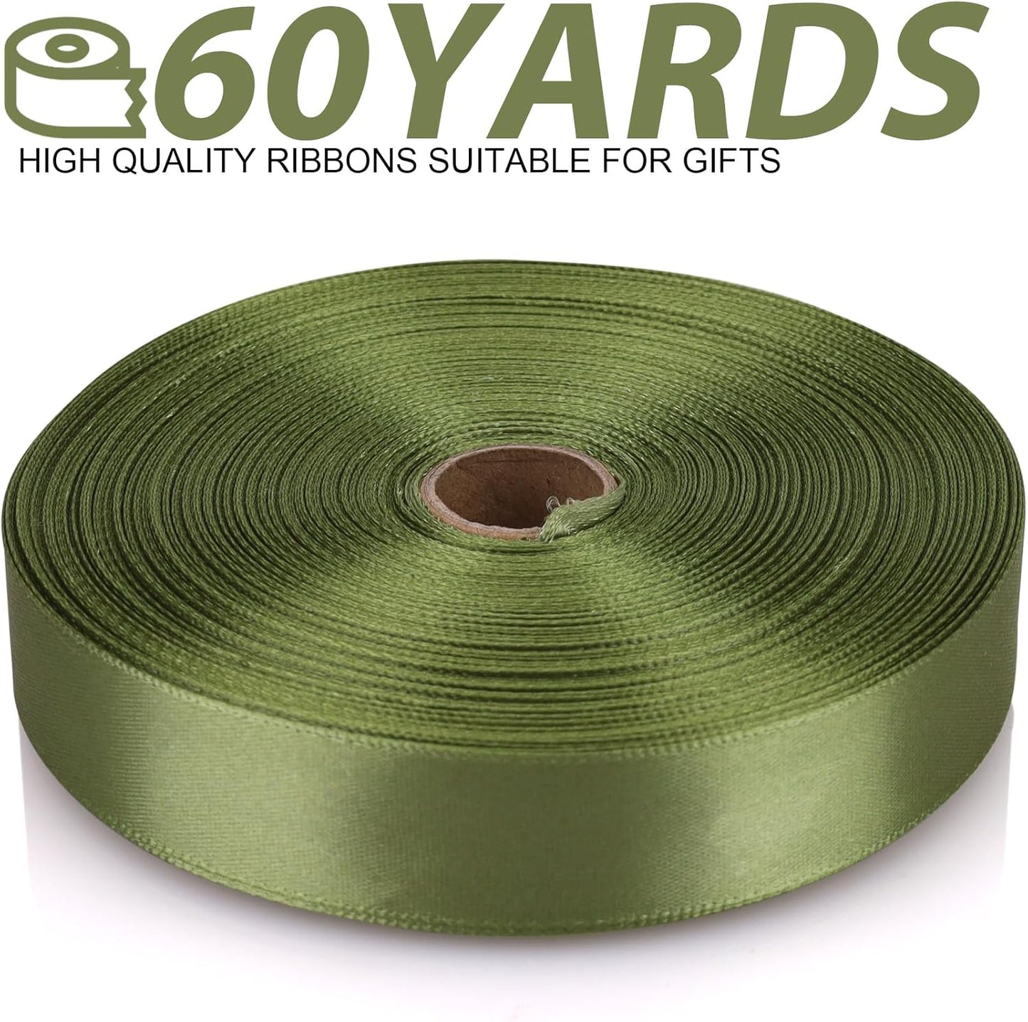 Olive Green Satin Craft Ribbon - 7/8 Inch, 60 Yards - Single Face Polyester for Roses, Gift Wrapping, Wedding & Party Decoration