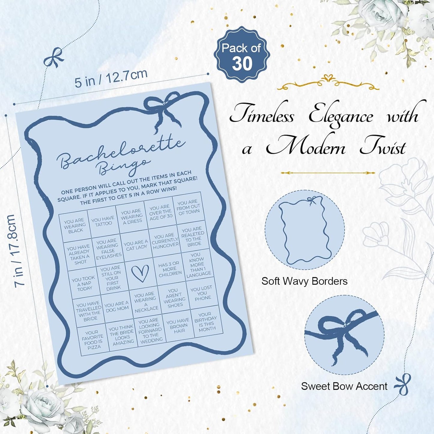 DEEKA 30 PCS Bridal Shower Games Card for 30 Guests Blue Wavy Border Ribbon Bow Funny Wedding Bachelorette Party Games for Reception (Bachelorette Bingo)