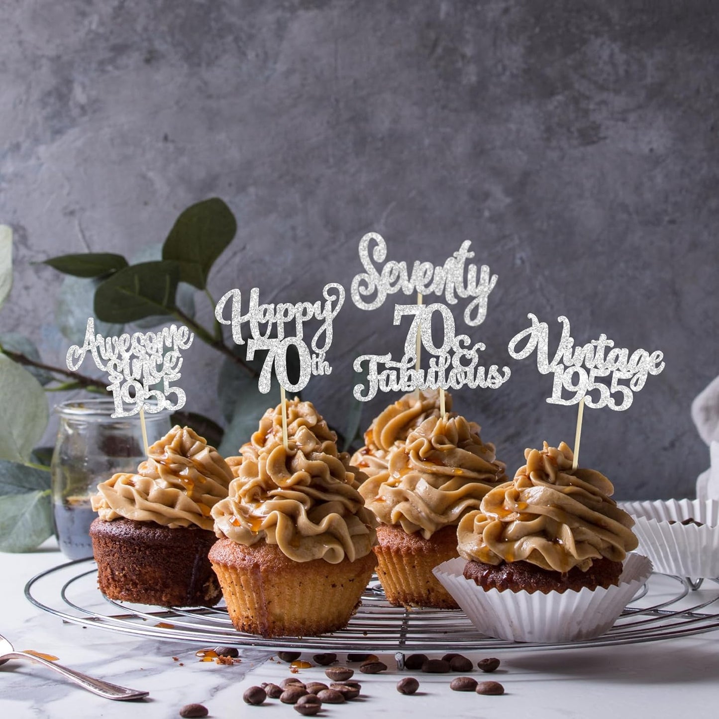 30Pcs Happy 70th Birthday Cupcake Toppers Glitter Seventy Vintage 1955 Cupcake Picks Cheers to 70 Fabulous Cake Decorations for 70th Birthday Wedding Anniversary Party Supplies Silver