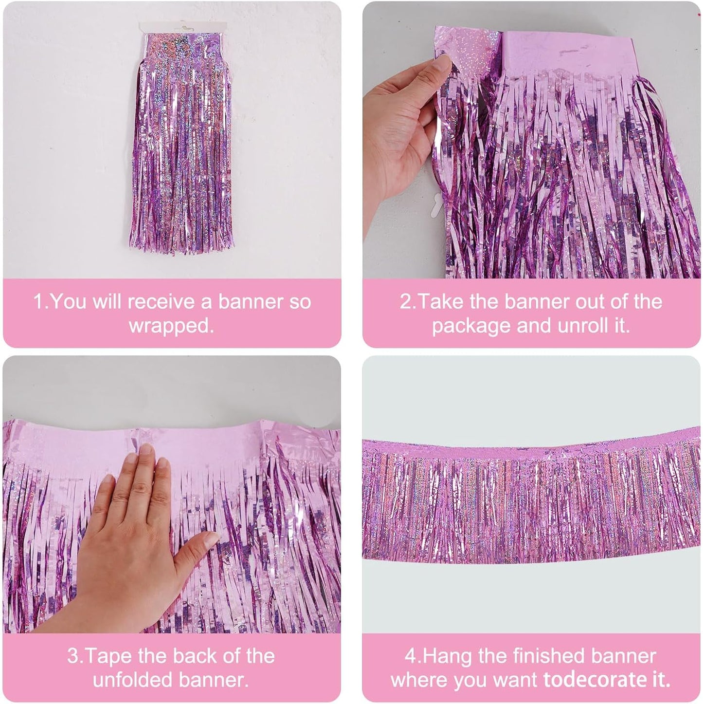 BEISHIDA 3 Packs Metallic Foil Fringe Garland Laser Light Pink Wall Hanging Tinsel Fringe Banners for Car Floats Bridal Shower Wedding Birthday Easter Graduation Holiday Party Decoration(30 Feet)