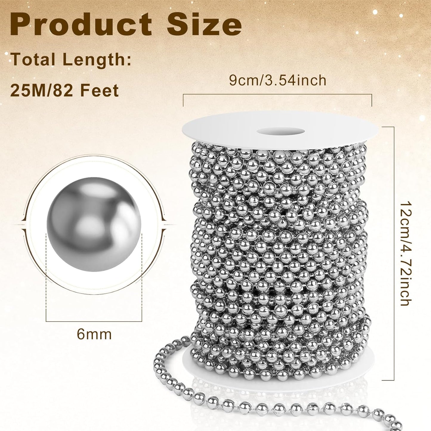 Pearl Beads Garland, 6 MM Silver Faux String of Pearls, Pearl Garland for Christmas Tree 82FT Pearl Beads Strand Spool Bead Roll for Crafts Floral Centerpieces Wedding Party Christmas Tree Decorations