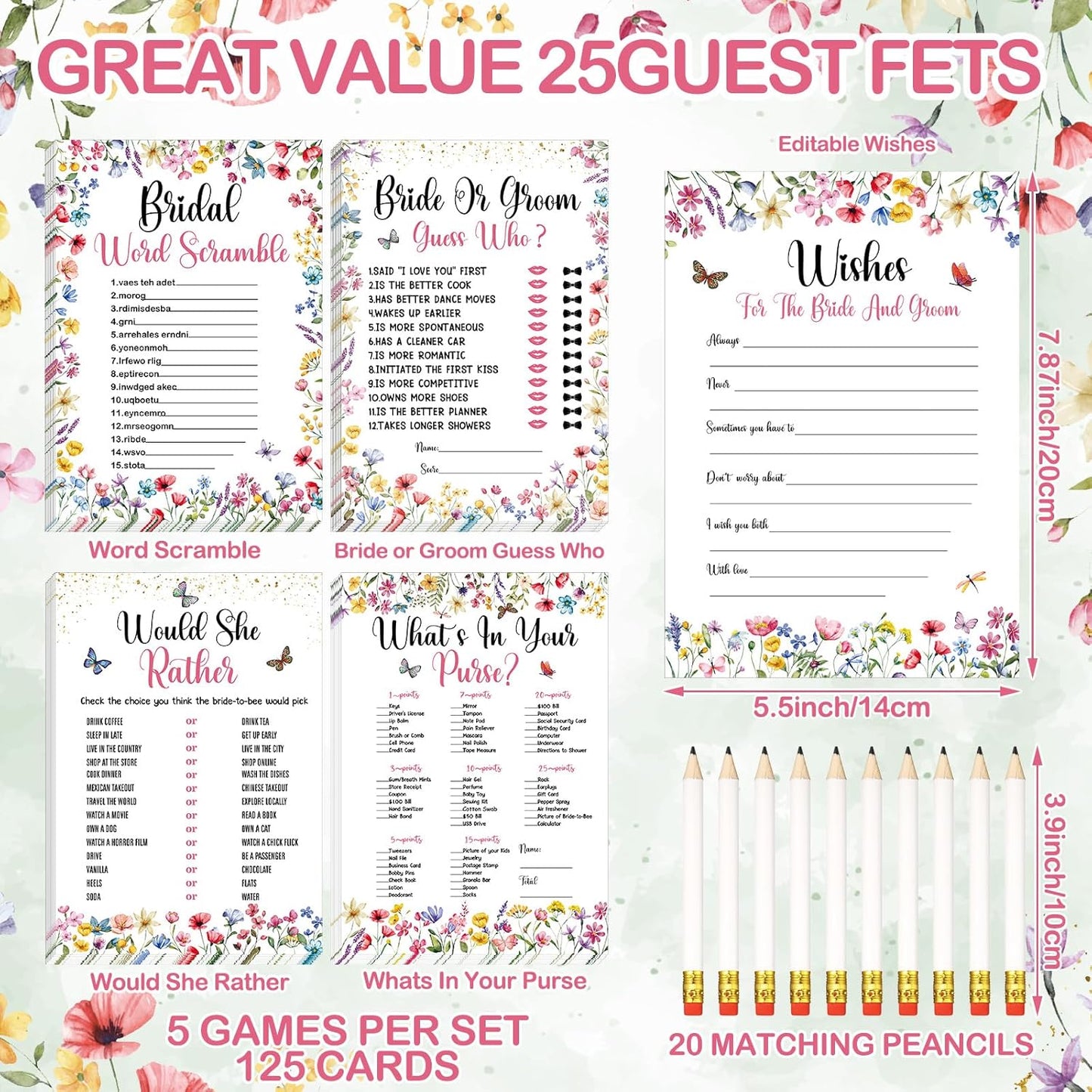 Teling 145 Pieces Bridal Shower Game Bridal Shower Favors Set Wedding Games Cards and Pencils for Bride Groom Bachelorette Party Wedding Party Favor(Wildflower Floral)