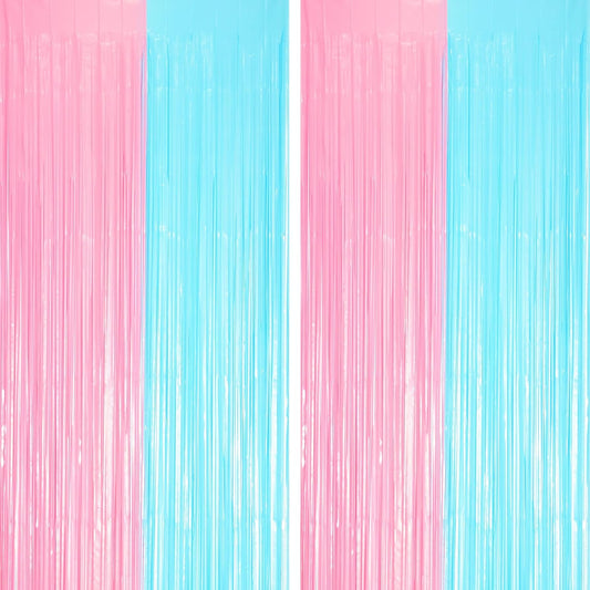 2 Pack Pastel Blue and Pink Foil Fringe Backdrop Curtains, Tinsel Streamers Party Decorations, Fringe Backdrop for Gender Reavel, Baby Shower Party