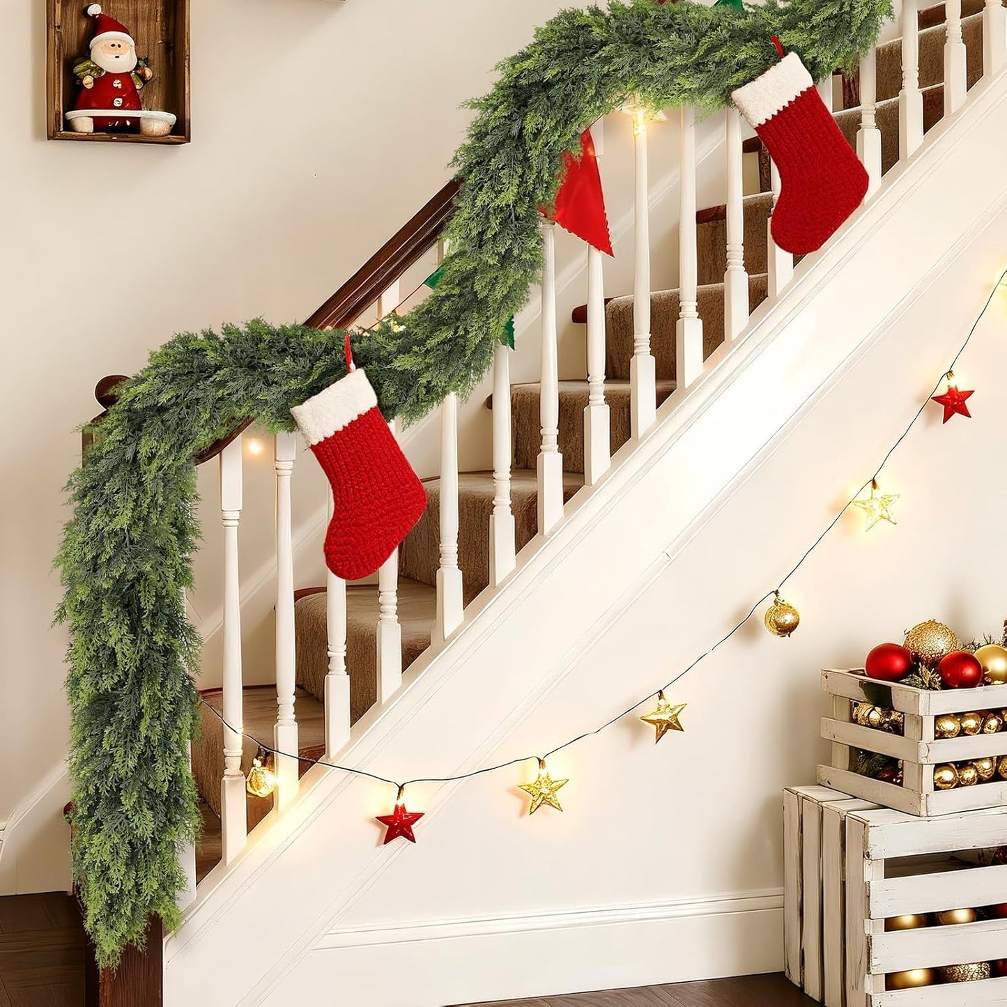 Christmas Cedar Garland - 9ft Artificial Cedar Garland Faux Lush Green Fake Pine Needles for Fireplace,Table,Window,Stairs,Mante,Holiday Indoor Outdoor Xmas Decor(1PCS)