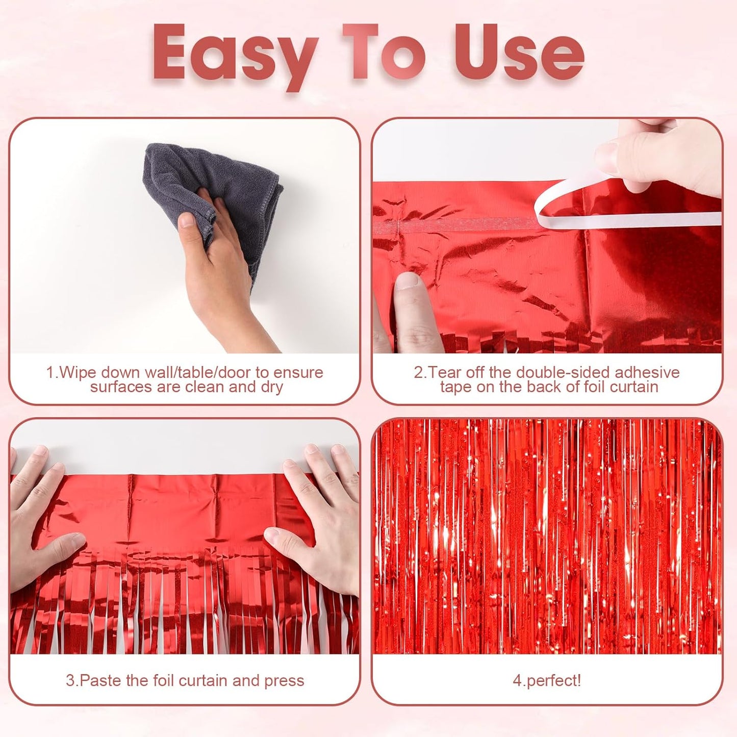 2 Pack Red Tinsel Foil Fringe Curtains, Red Party Decorations, Metallic Tinsel Party Streamers Backdrop for Birthday Casino Christmas Graduation Carnival Valentine's Party Decorations