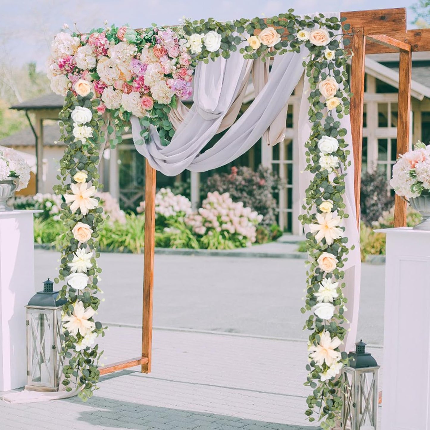 Waipfaru 2Pcs 6.07Ft Eucalyptus Greenery Garland with Flowers, Dusty Blue and White Rose Flower Vines for Wedding Table Runner Centerpieces Backdrop Room Decor