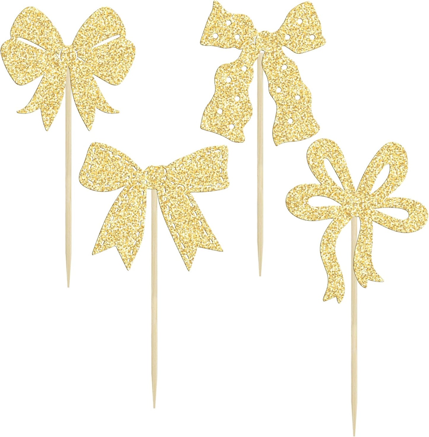 Ephlyn 24Pcs Bow Cupcake Toppers Bow Birthday Cake Topper Girls Birthday Party Decorations Bowknot Cupcake Decorations for Bridal Baby Shower Birthday Wedding Themed Party Gold