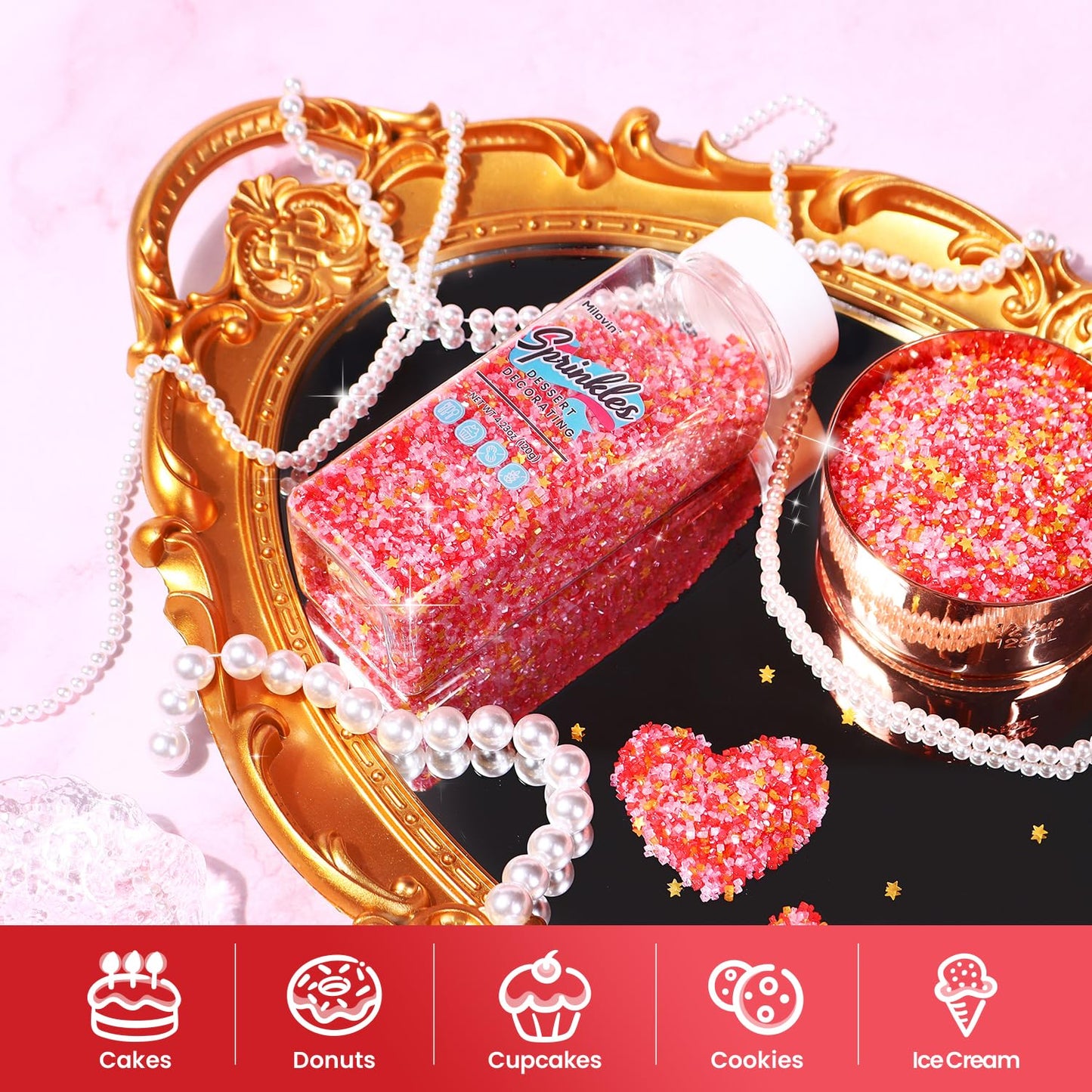 Edible Sanding Sugar Gold Star Glitter Mix, Red Sanding Sugar, Pink Sanding Sugar, Shimmer star sprinkles, Pink and Red Sprinkles for Weddings, Birthdays, and Valentines(4.23oz/120g)