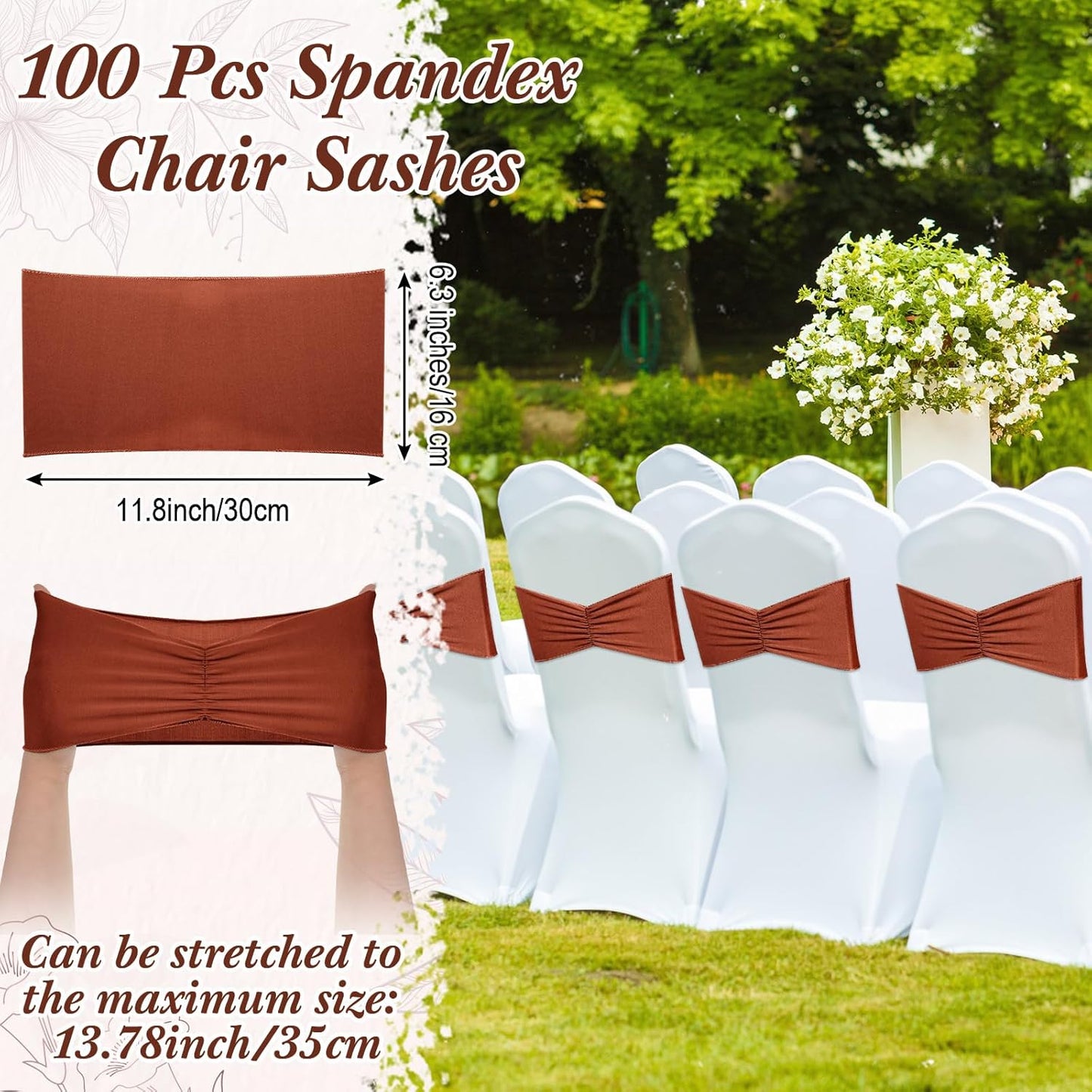 Moukeren 100 Pcs Spandex Chair Sashes Bows Bands Slider Sashes for Chair Covers Elastic Bands Ties Ribbon Decorations for Wedding Party Events Ceremony Birthday Banquet(Terracotta)
