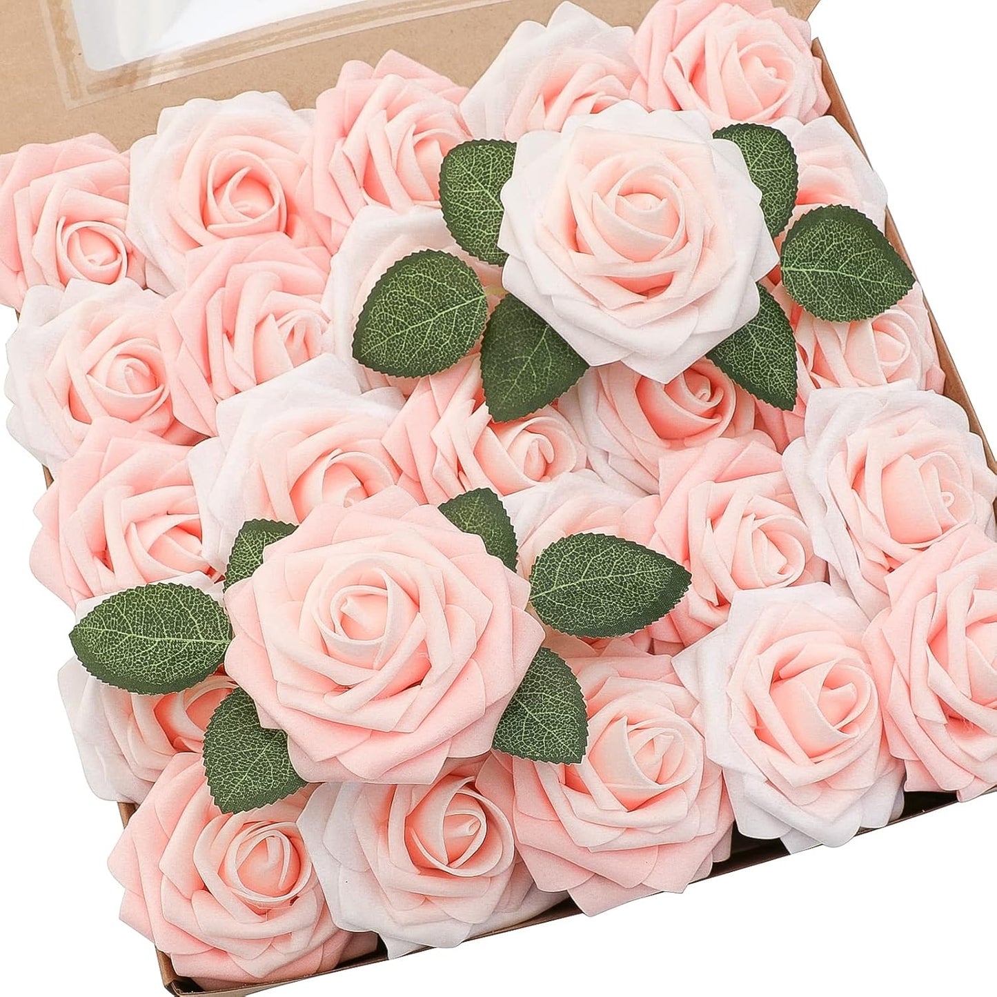 Floroom Artificial Flowers 50pcs Real Looking Blush Shades Foam Fake Roses with Stems for DIY Wedding Bouquets Bridal Shower Pink Centerpieces Floral Arrangements Party Tables Home Decorations