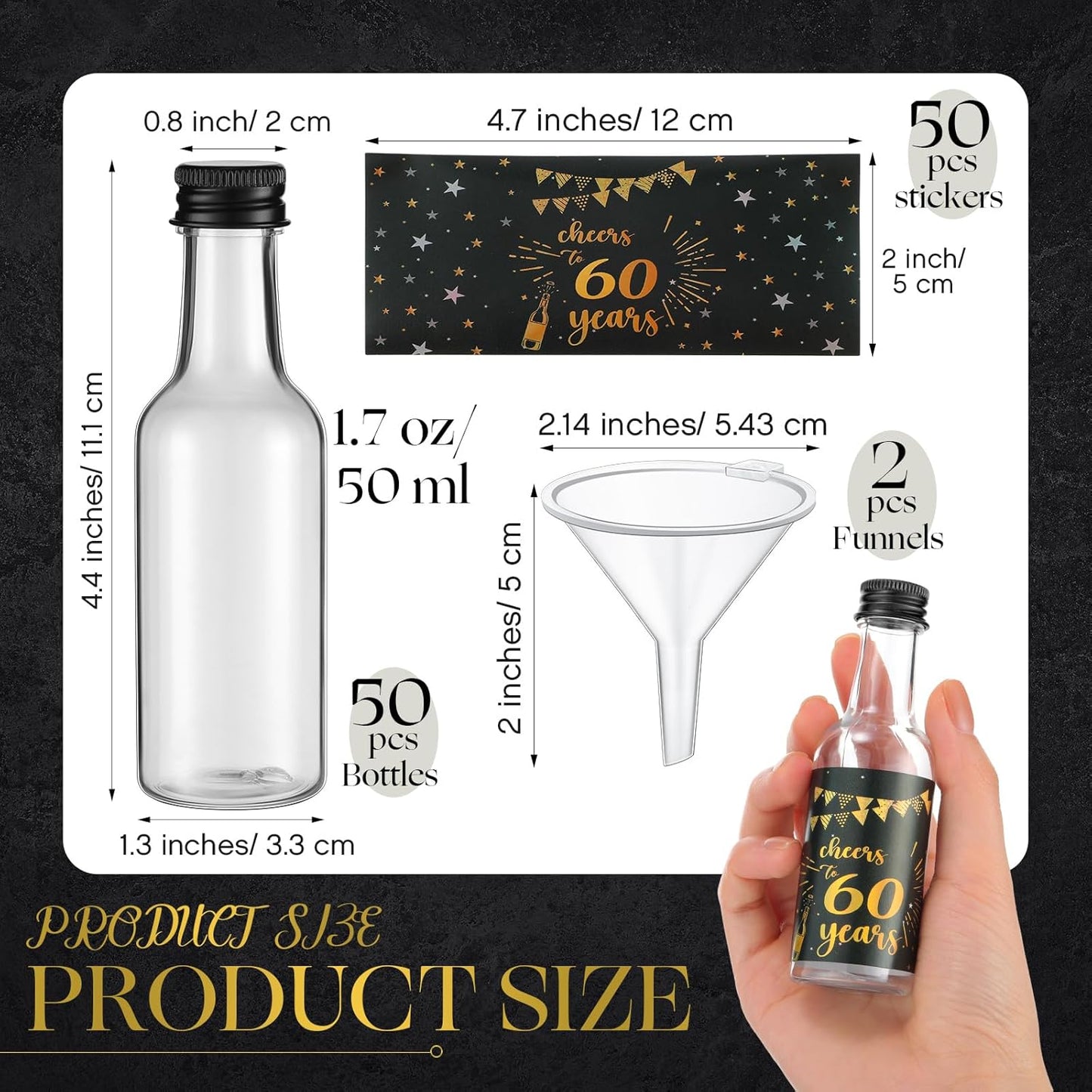 Vesici 50 Pack Mini Liquor Bottles 1.7oz Shot Mini Wine and Champagne Bottle Birthday Sticker with 2 Funnels Birthday Party Favor for Adult Guest Women Men Anniversary Celebration(Cheers to 60 Years)
