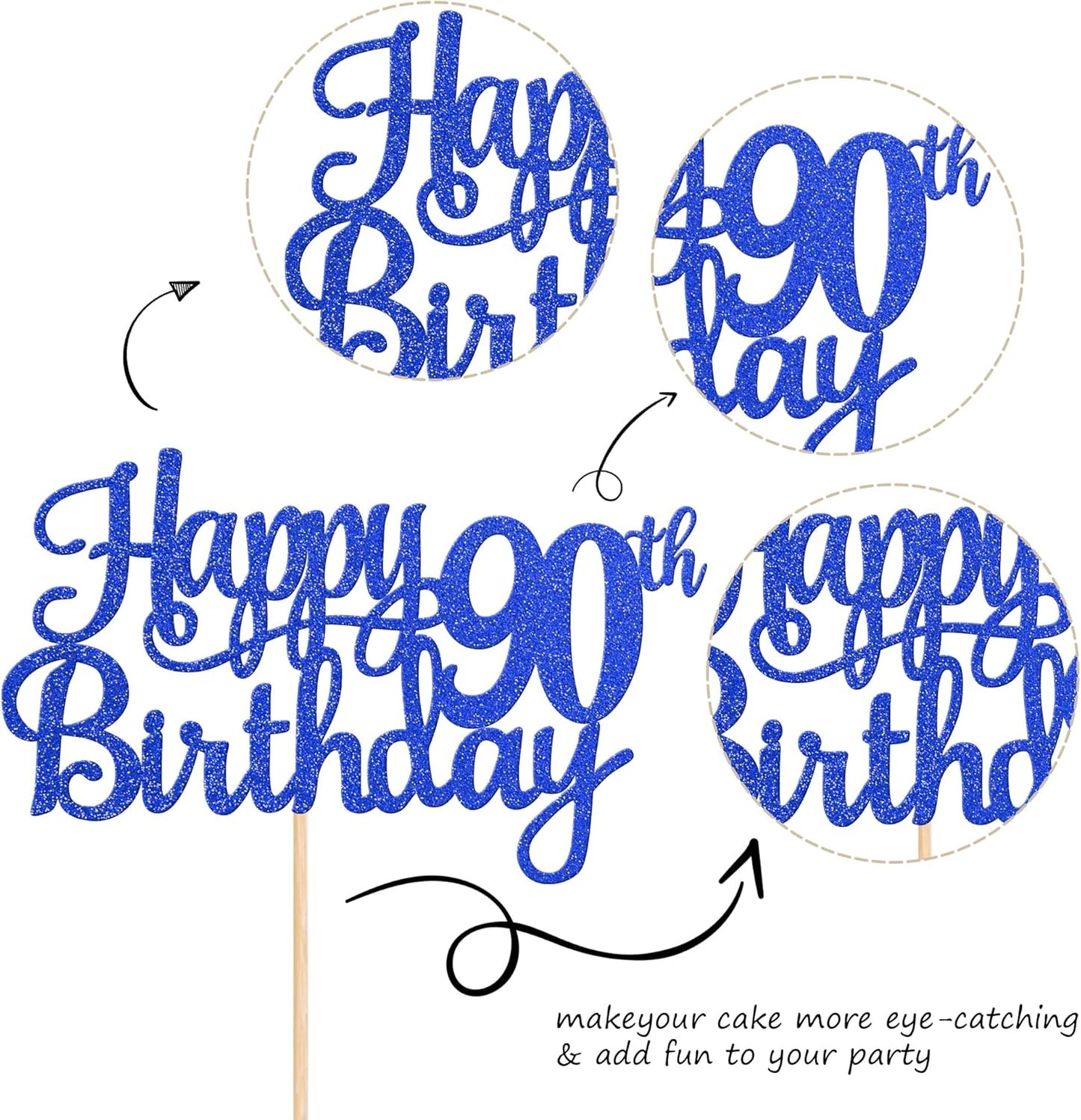 1 PCS Happy 90th Birthday Cake Topper Glitter Cheers to 90 Years Birthday Cake Pick Ninety 90 Fabulous Cake Decoration for Happy 90th Birthday Theme Party Decorations Supplies Blue