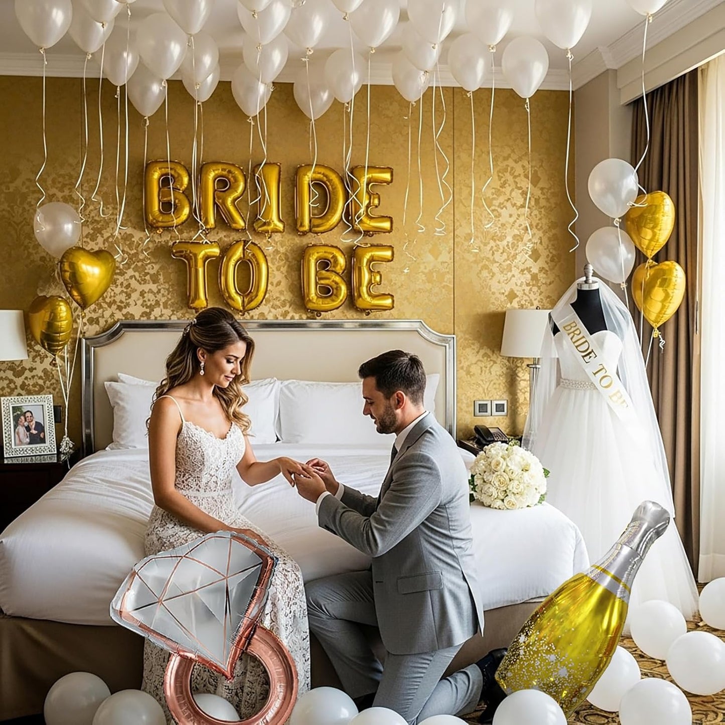 Gold Decorations pearl White balloons Bridal Veil BRIDE TO BE Balloons Sash with Diamond Ring Heart Champagne Balloons Bridal Veil for Bachelorette Party Decor Bride To Be Bridal Showerr