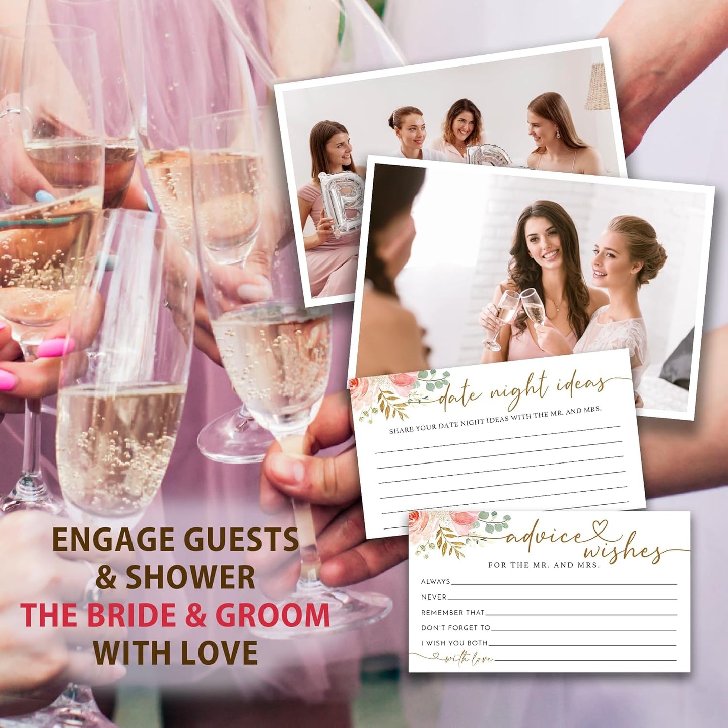 Rose Gold Advice and Wishes for the Mr and Mrs - 50 Packs Wedding Advice Cards Bridal Shower Game Cards with Box Reception Guest Book for Bride Groom Newlywed Engagement Party Decoration -A09