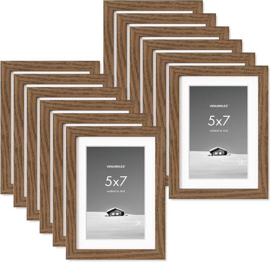 5x7 inch Picture Frame, 5x7 Photo Frames with 4x6 Removable Mat - High Definition Plexiglass - Vertical and Horizontal Display - Wall Hanging Frame - Walnut Color, 12 Pack