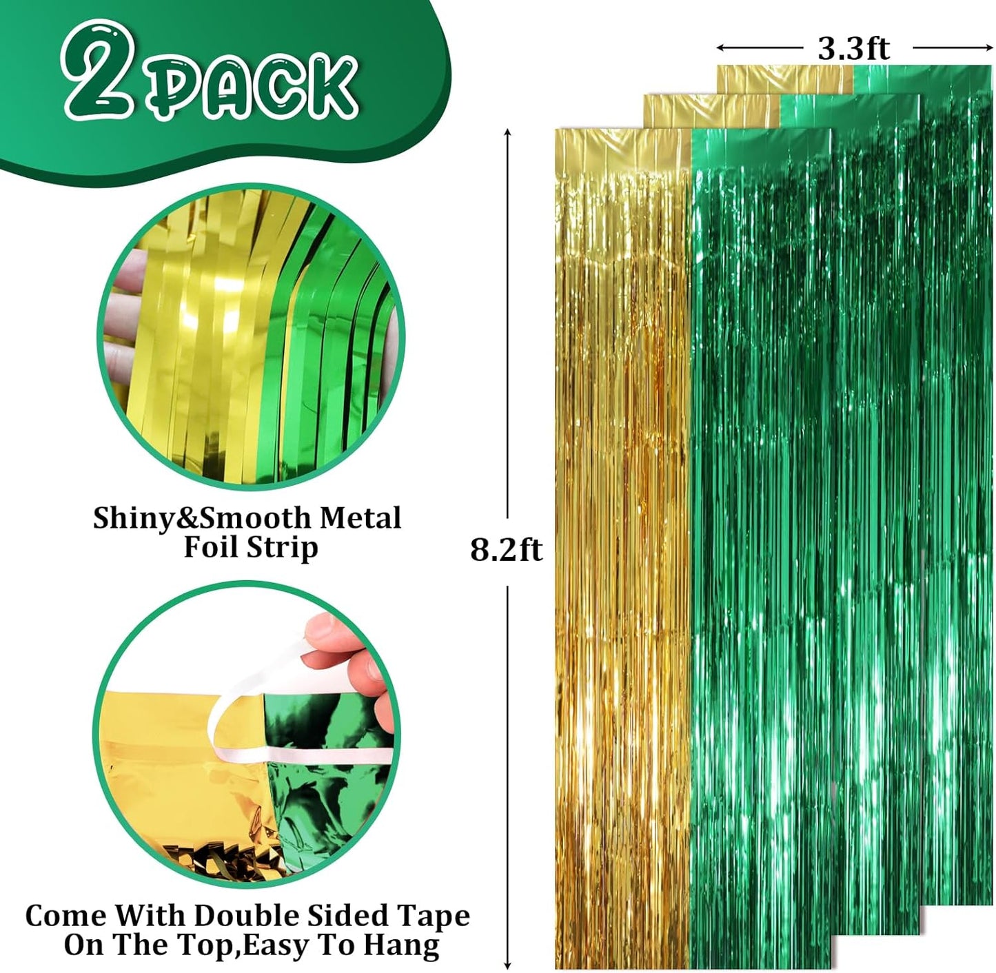 2 Pack Green and Gold Foil Fringe Backdrop Curtains, Tinsel Streamers Party Decorations, Fringe Backdrop, Door Shimmer for Graduation or Birthday Party