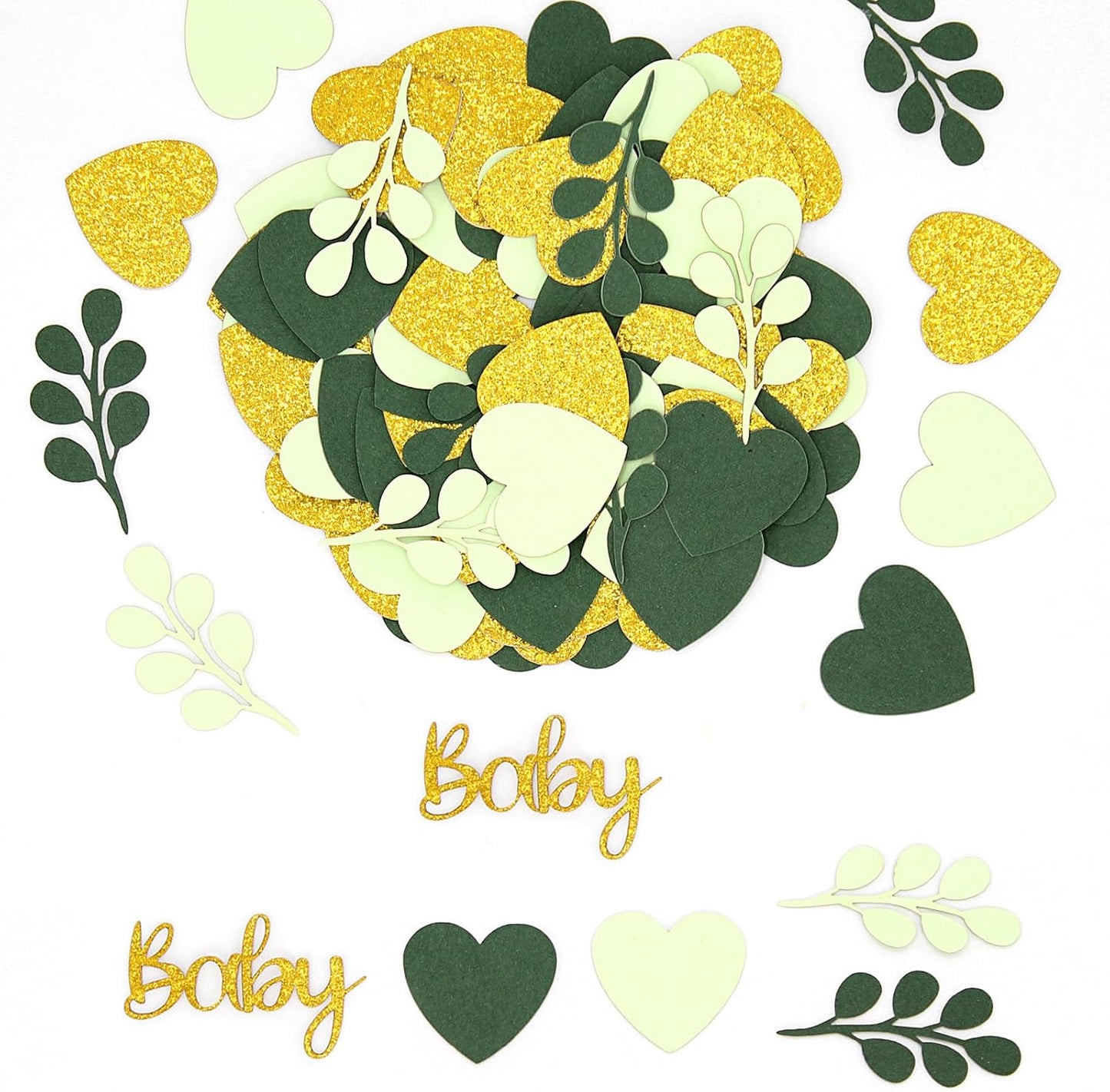 200PC Sage Green Baby Shower Confetti Green Gold Glitter Heart Table Confetti for Greenery Gender Neutral Baby Shower Decorations