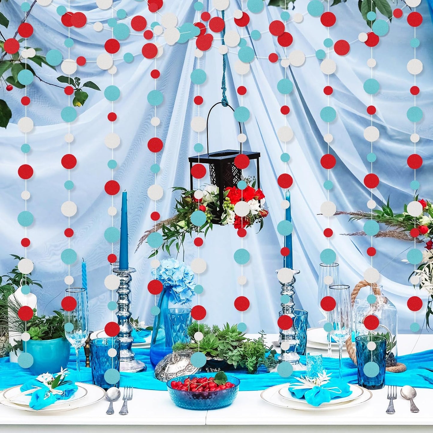 Outus 10 Pieces Colorful Dots Paper Garland Round Glitter Garland Hanging Confetti Streamers Backdrop for Candy Birthday Classroom Halloween Trunk or Treat Car Decoration (Light Blue,White,Red)