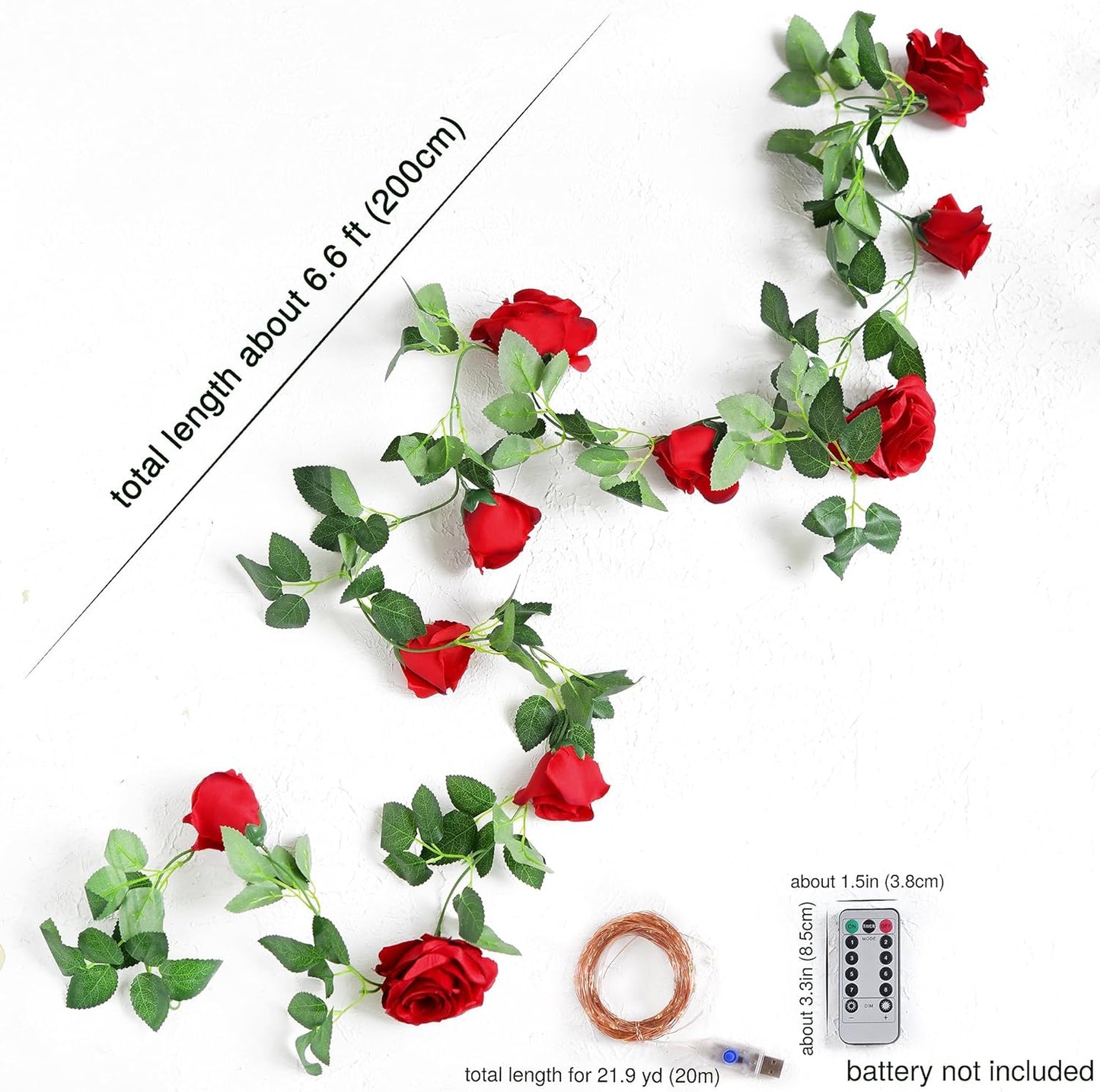 FiveSeasonStuff 29 Ft 4 Pack Christmas Red Rose Silk Flower Garland Artificial Flowers Decoration Hanging Floral with 66 feet String Lights
