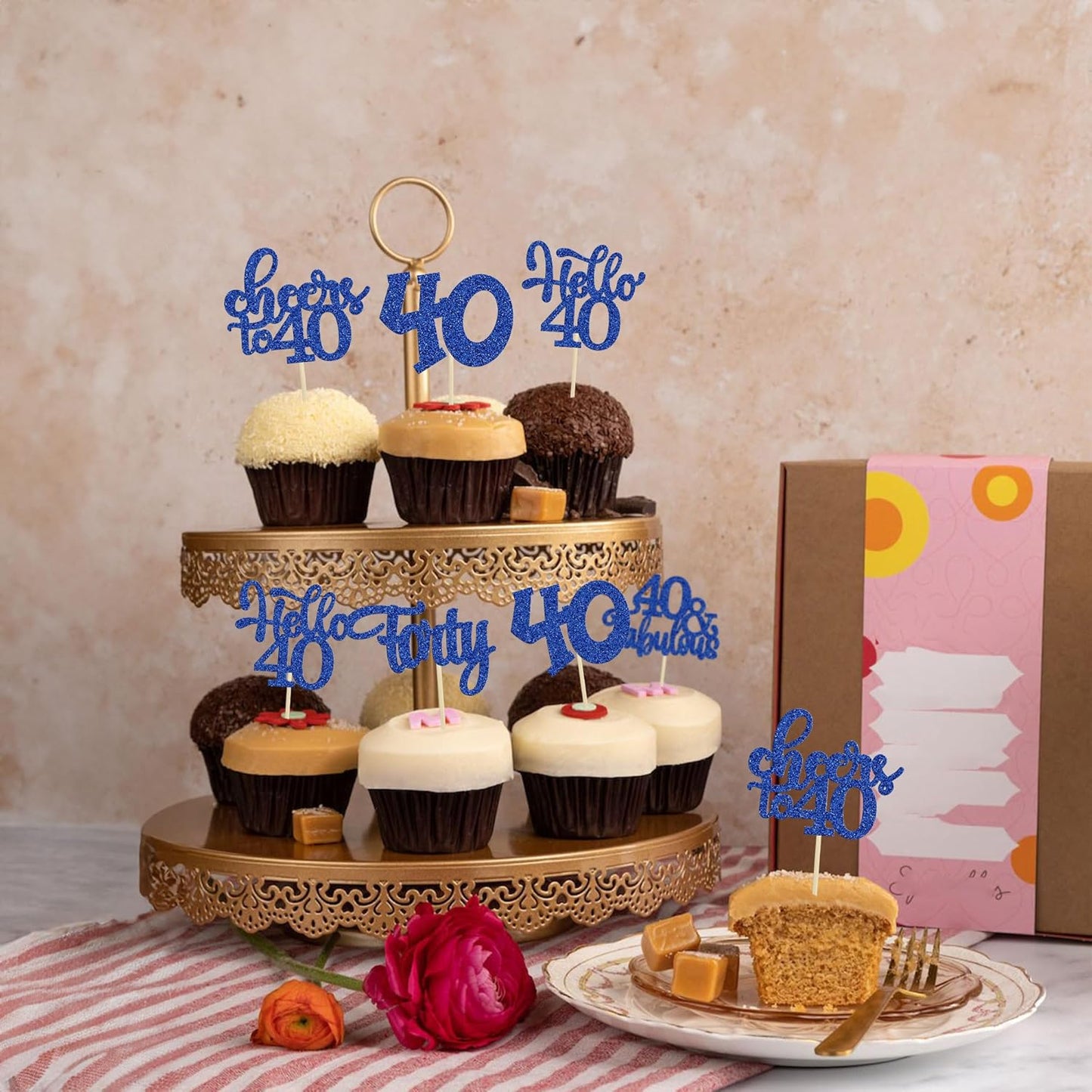 30pcs Happy 40th Birthday Cupcake Toppers - Deep Blue Glitter Forty Cheers to 40 Years Old Cupcake Picks for Anniversary Party Cake Decorations