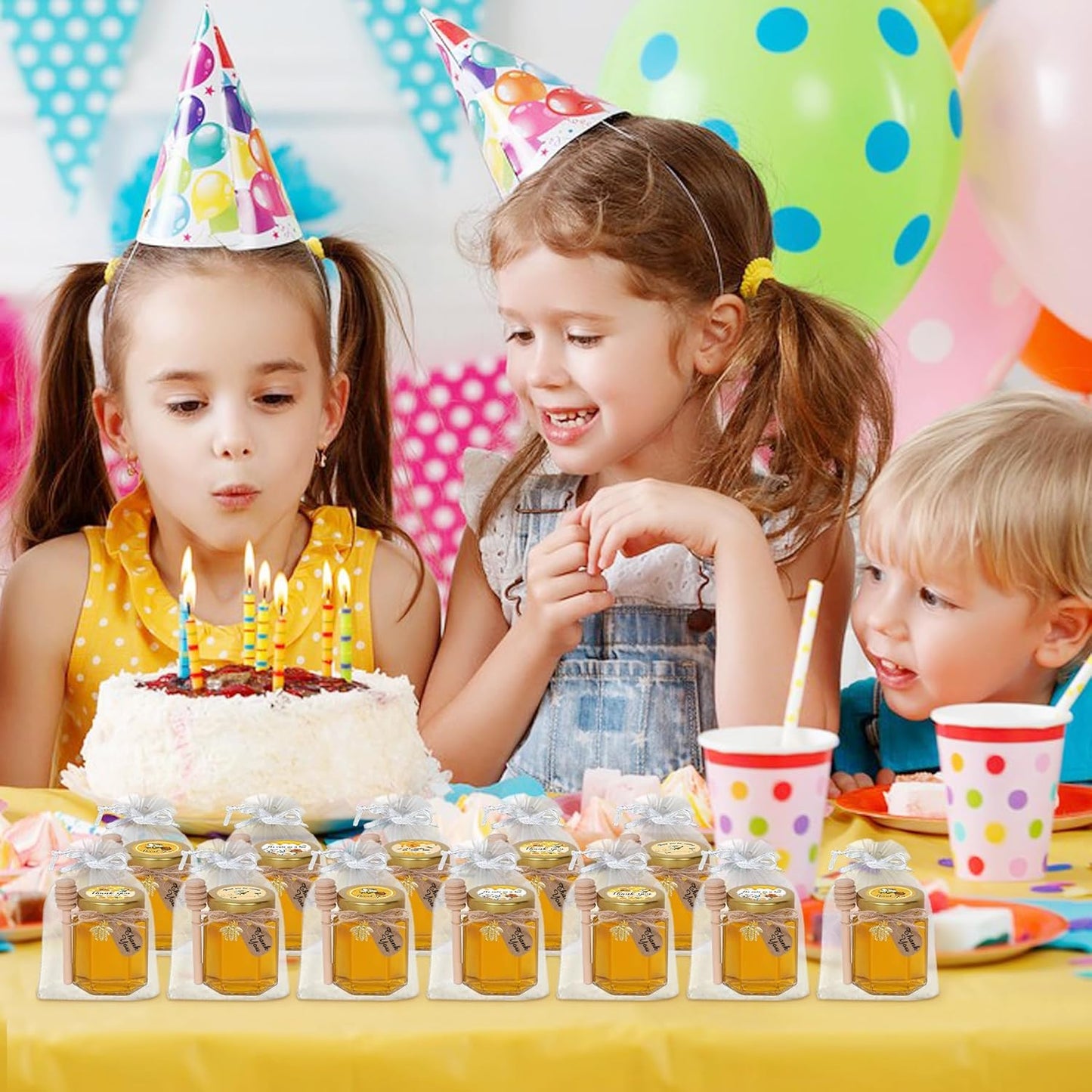 Aliggbent 70 Pack Small Honey Jars for Party Favors in Bulk, 3 oz Mini Hexagon Glass Honey Jars with Dippers, Lids, Cute Stickers, Bee Charms, Gift Bags and Jute for Baby Showers, Weddings, Birthdays