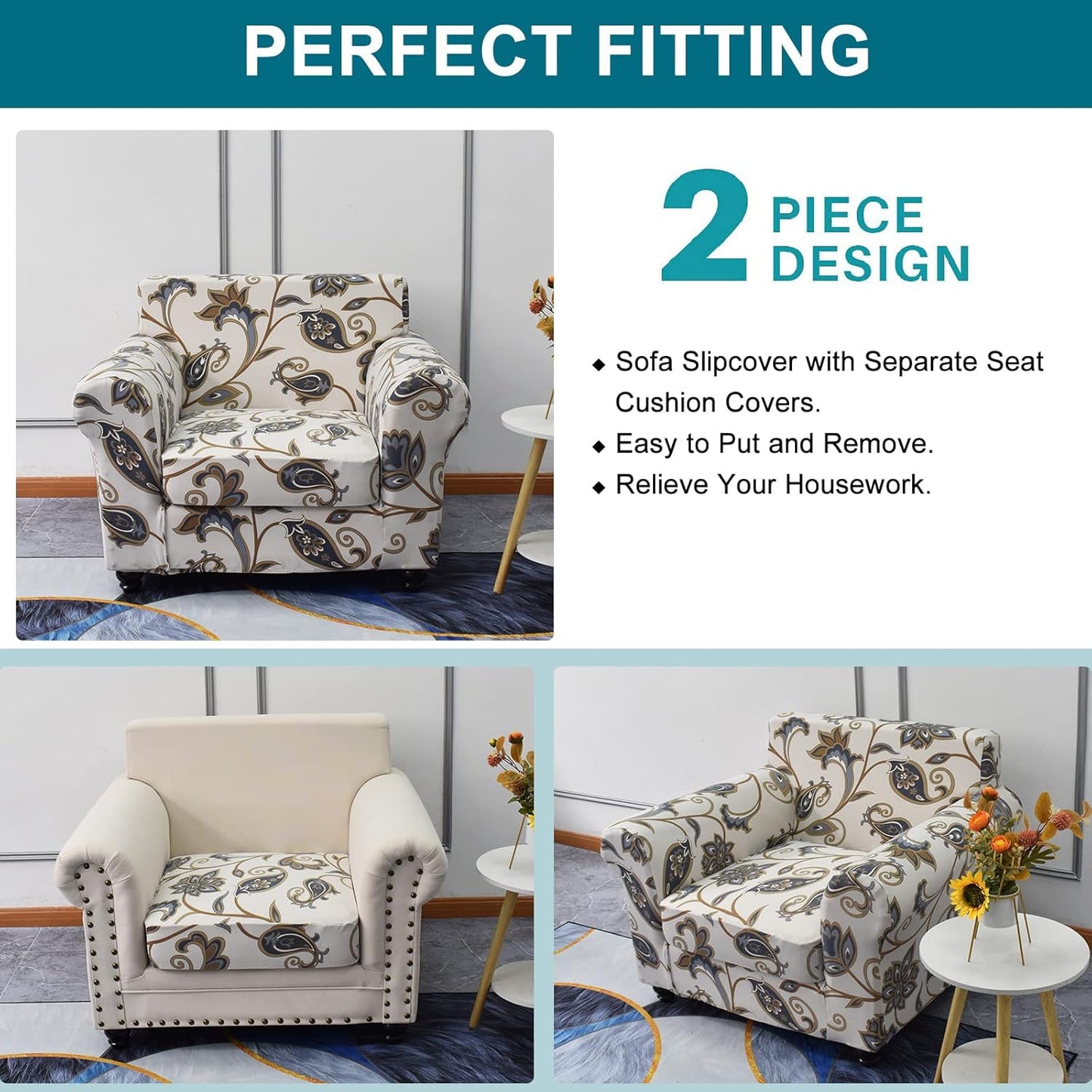 KRFOONN 2 Piece Chair Covers Printed Sofa Covers Couch Covers Washable Armchair Sofa Couch Slipcover Furniture Protector with Elastic Bottom for Living Room (Armchair, 03), Small