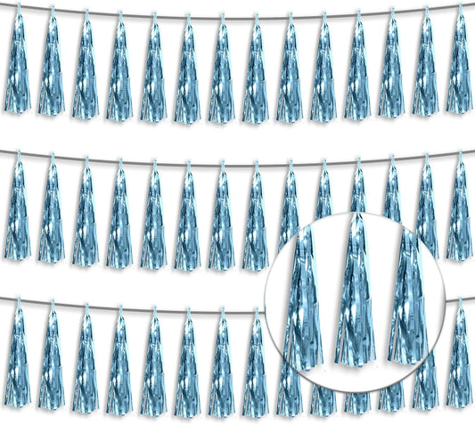 3P Metallic Fringe Tassel Banner Garland Foil Tinsel Streamer Wall Hanging Curtain Backdrop Banner for Parade Floats, Graduation Decorations, Wedding Party Decoration(Light Blue)