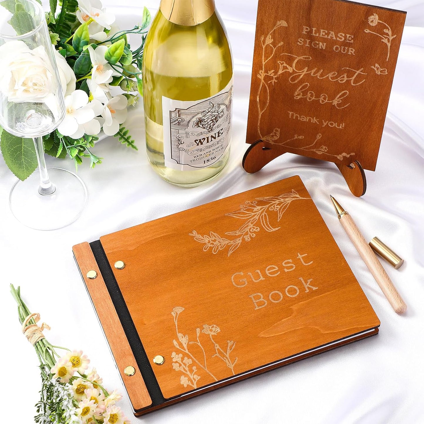 Wedding Guest Book Personalized Photo Guestbook to Sign at Reception Wedding Guest Sign in Book Photo Album Hard Cover 88 Lined Pages for Baby Shower Birthday Anniversary Party (Wood Floral)