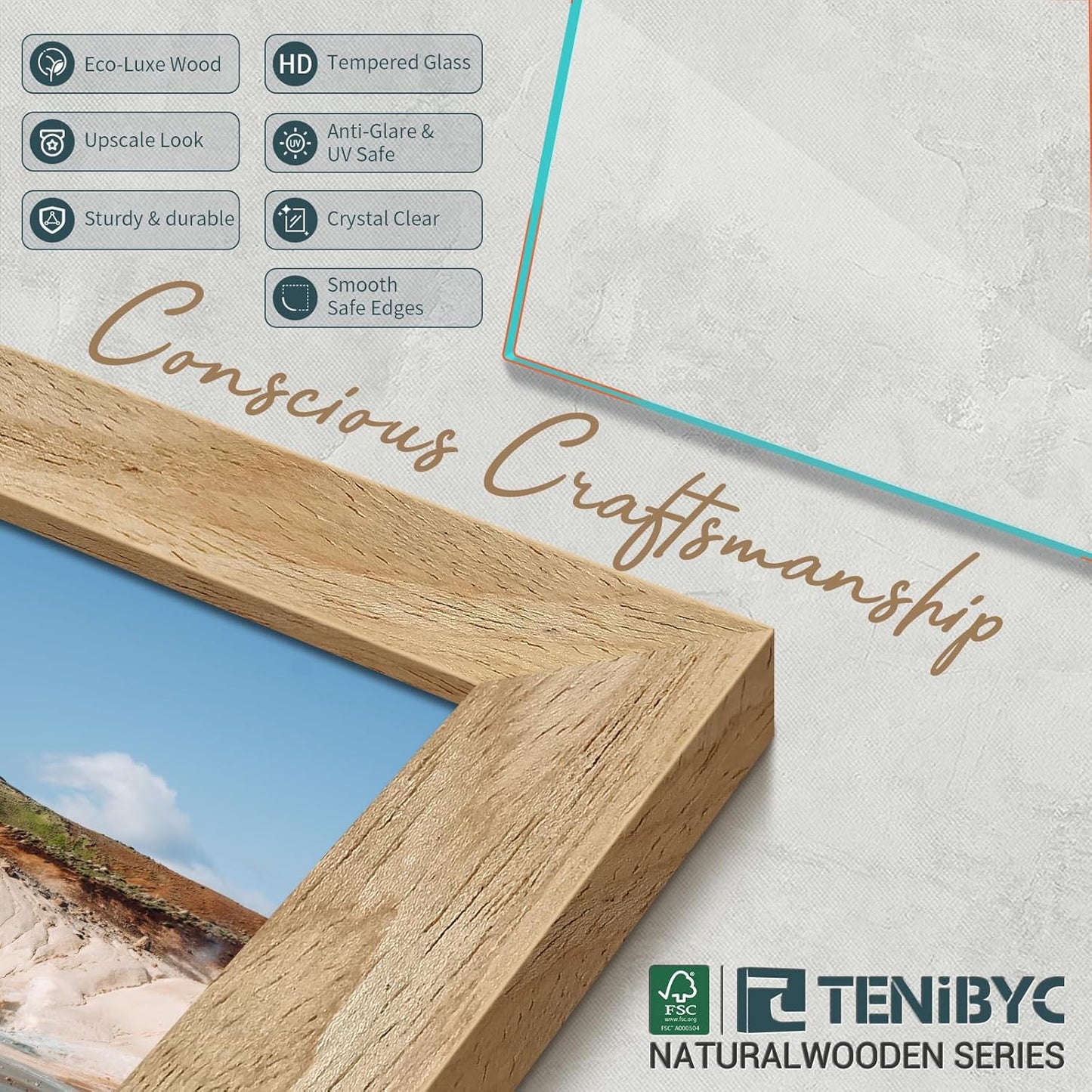 11x14 Picture Frame Set - 4 Pack, Natural Solid Wood, HD Tempered Glass, Elegant Wood Grain, Wall Gallery Photo Frame